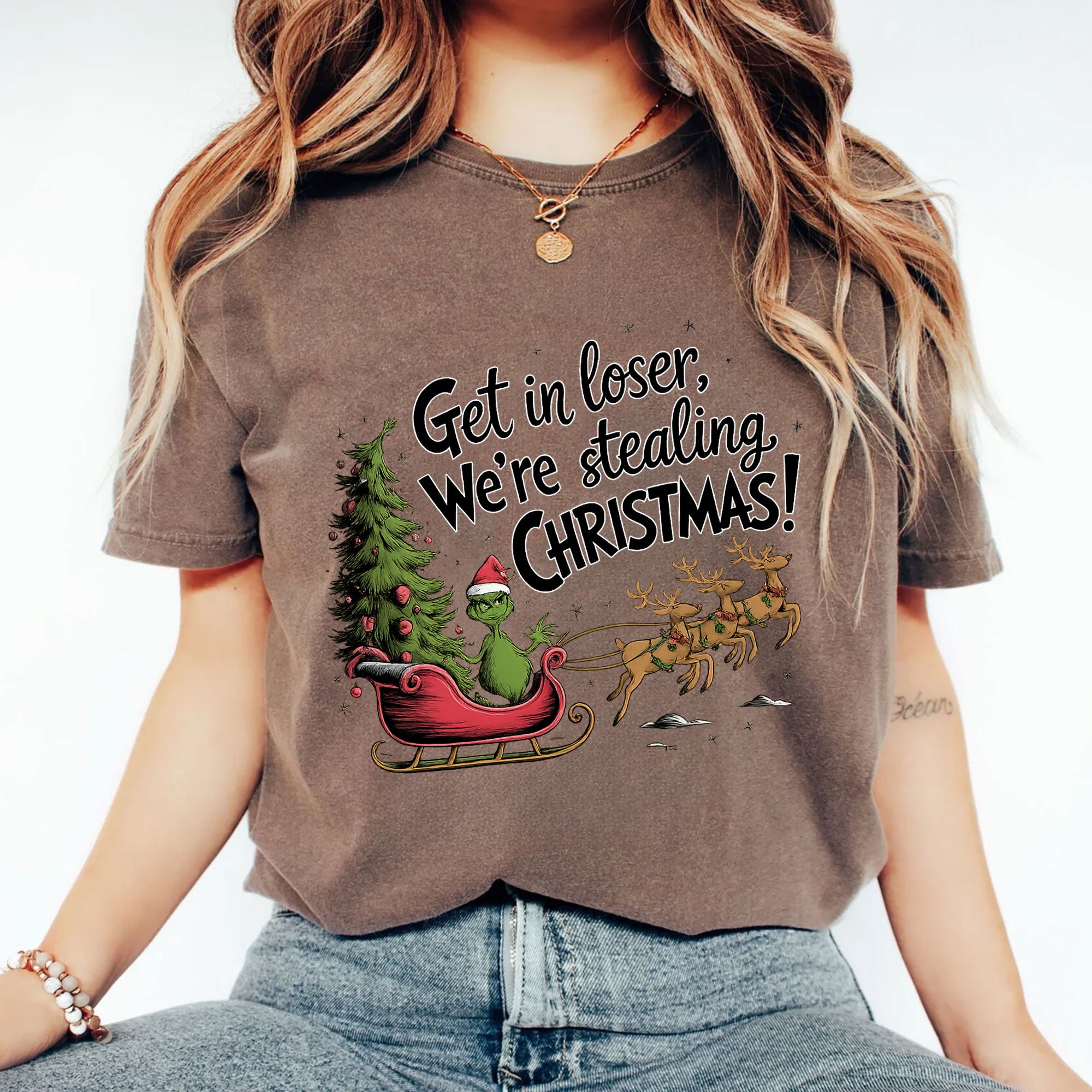 Funny Christmas T-Shirt - Grinch Inspired Print 'Get in Loser, We’re Stealing Christmas' Perfect for Holiday Humor Lovers
 - 2