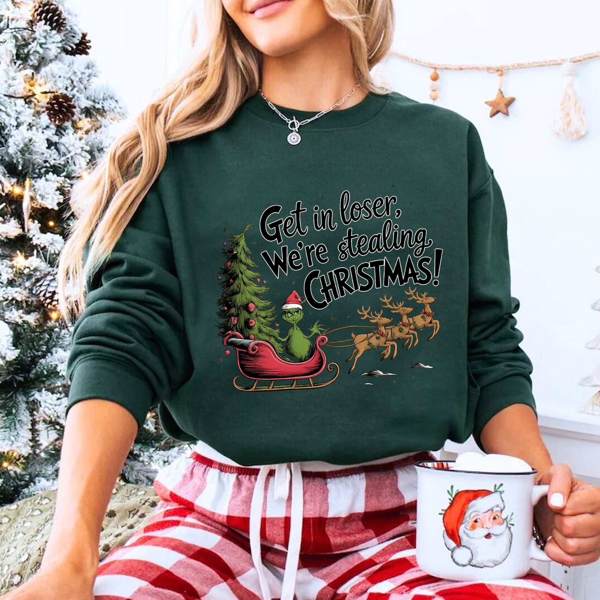 Funny Christmas T-Shirt - Grinch Inspired Print 'Get in Loser, We’re Stealing Christmas' Perfect for Holiday Humor Lovers
 - 8