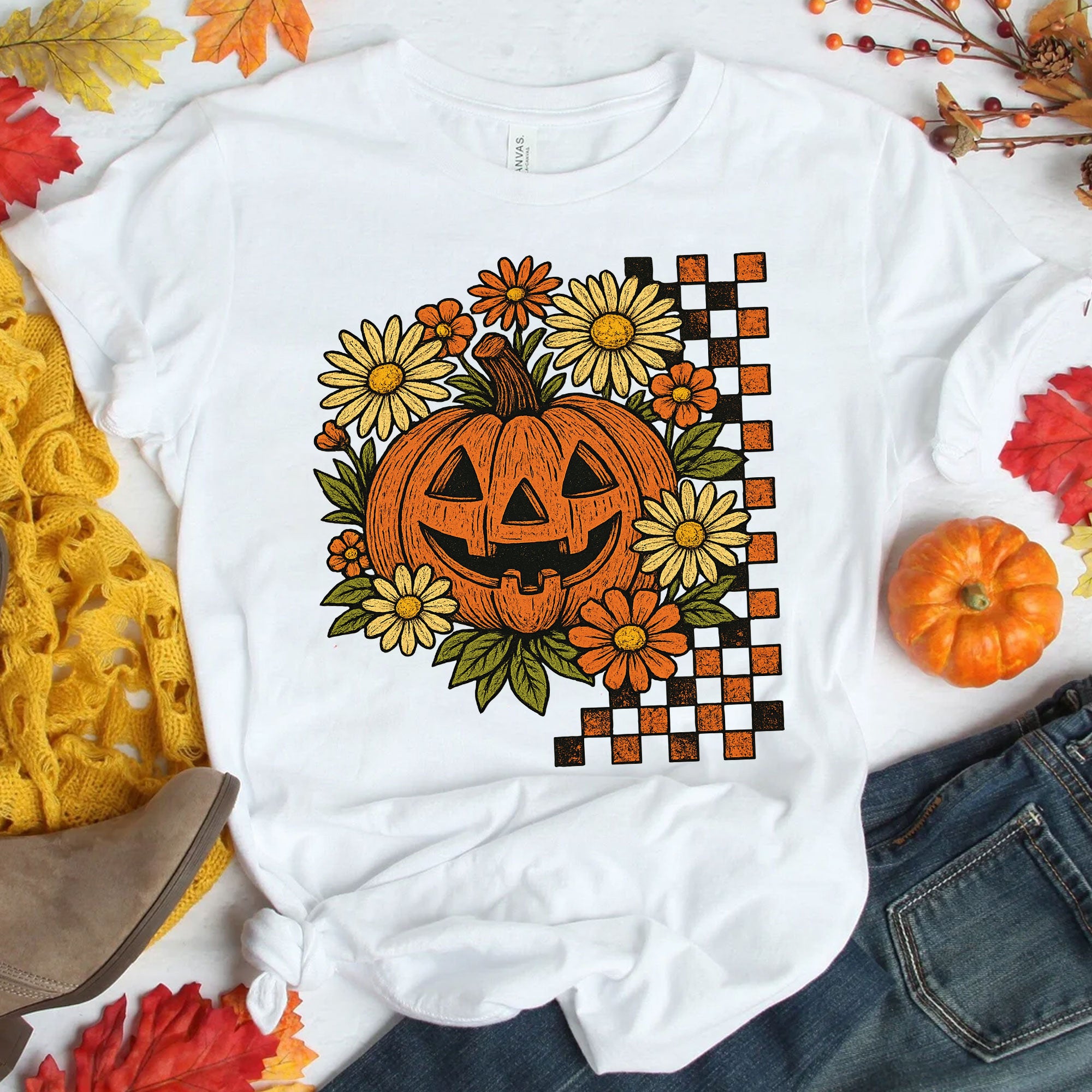 Halloween Pumpkin Graphic Tee with Floral and Checkered Design for Fall Festive Wear - Comfortable Cotton Blend T-Shirt
 - 1