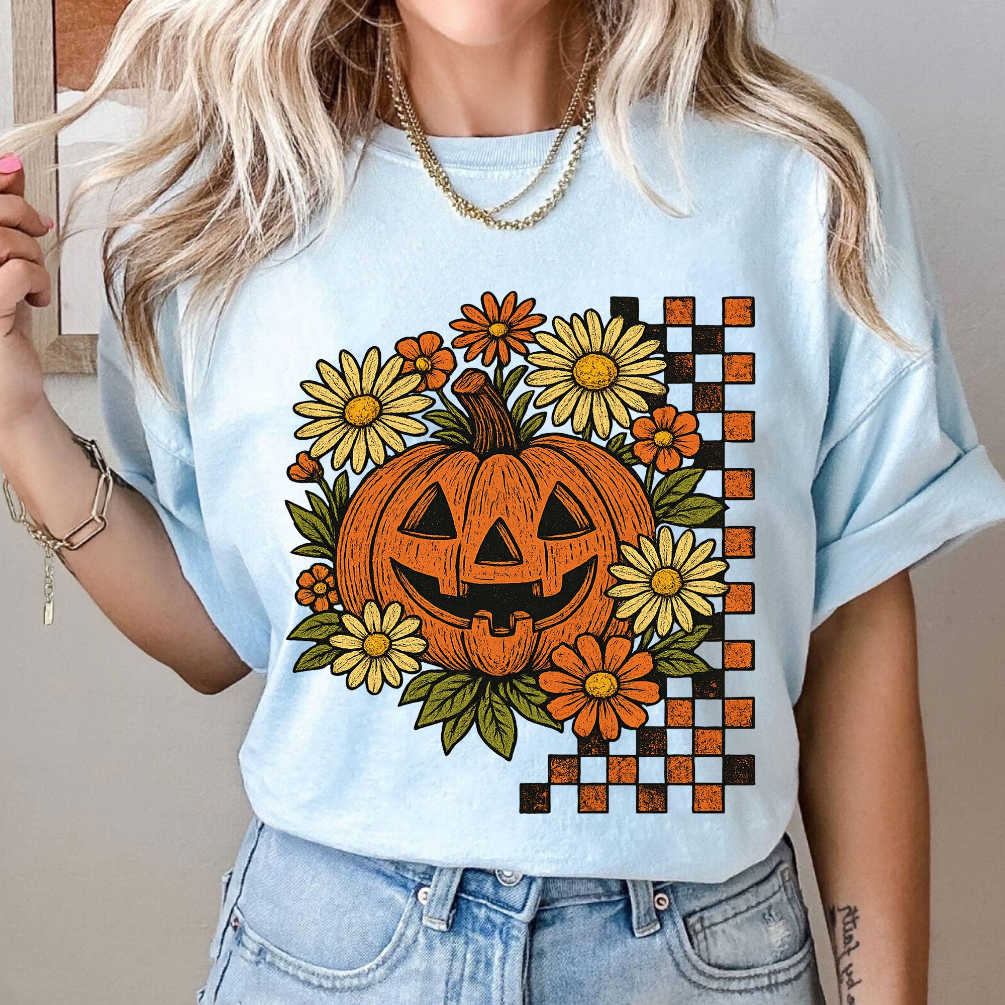 Halloween Pumpkin Graphic Tee with Floral and Checkered Design for Fall Festive Wear - Comfortable Cotton Blend T-Shirt
 - 10