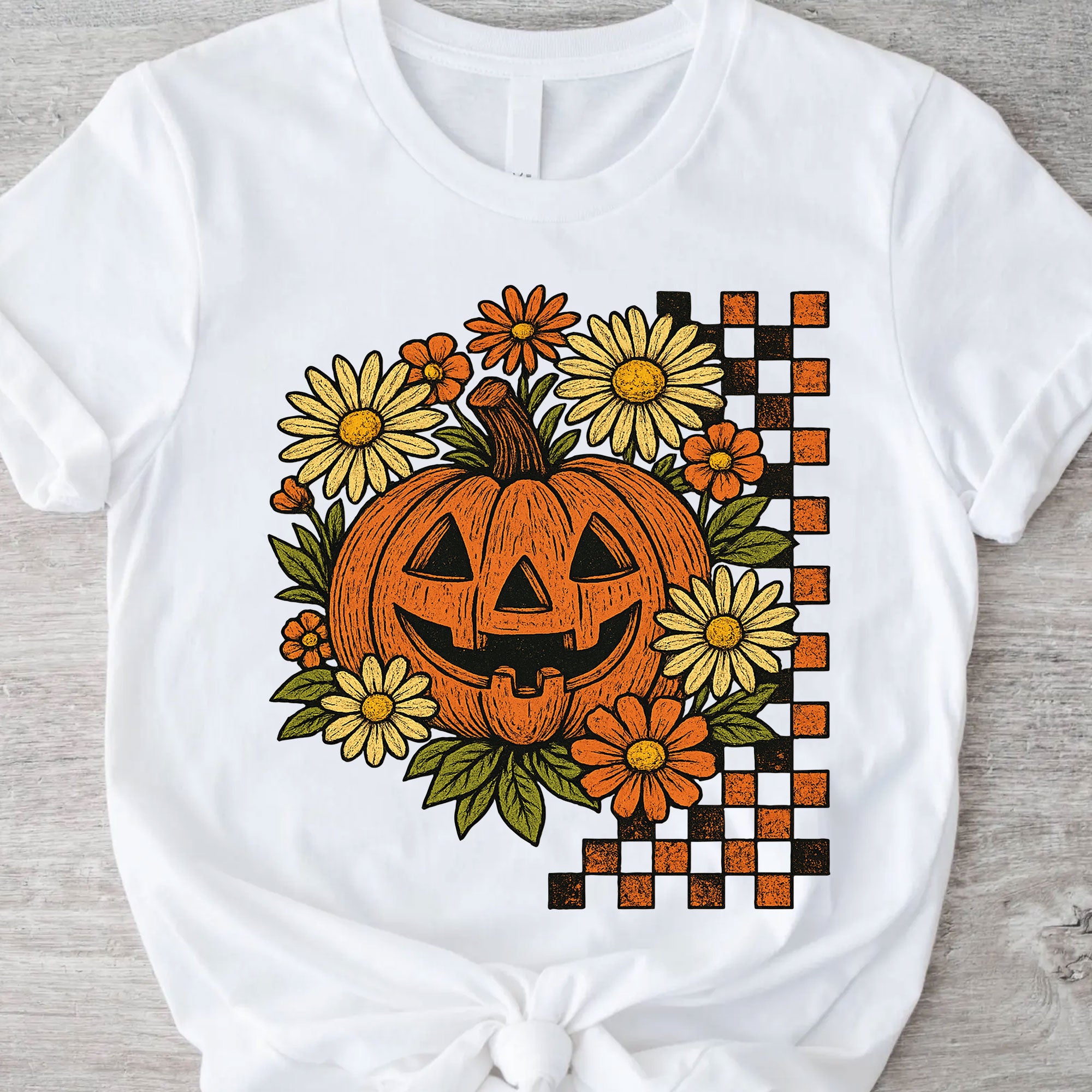 Halloween Pumpkin Graphic Tee with Floral and Checkered Design for Fall Festive Wear - Comfortable Cotton Blend T-Shirt
 - 11