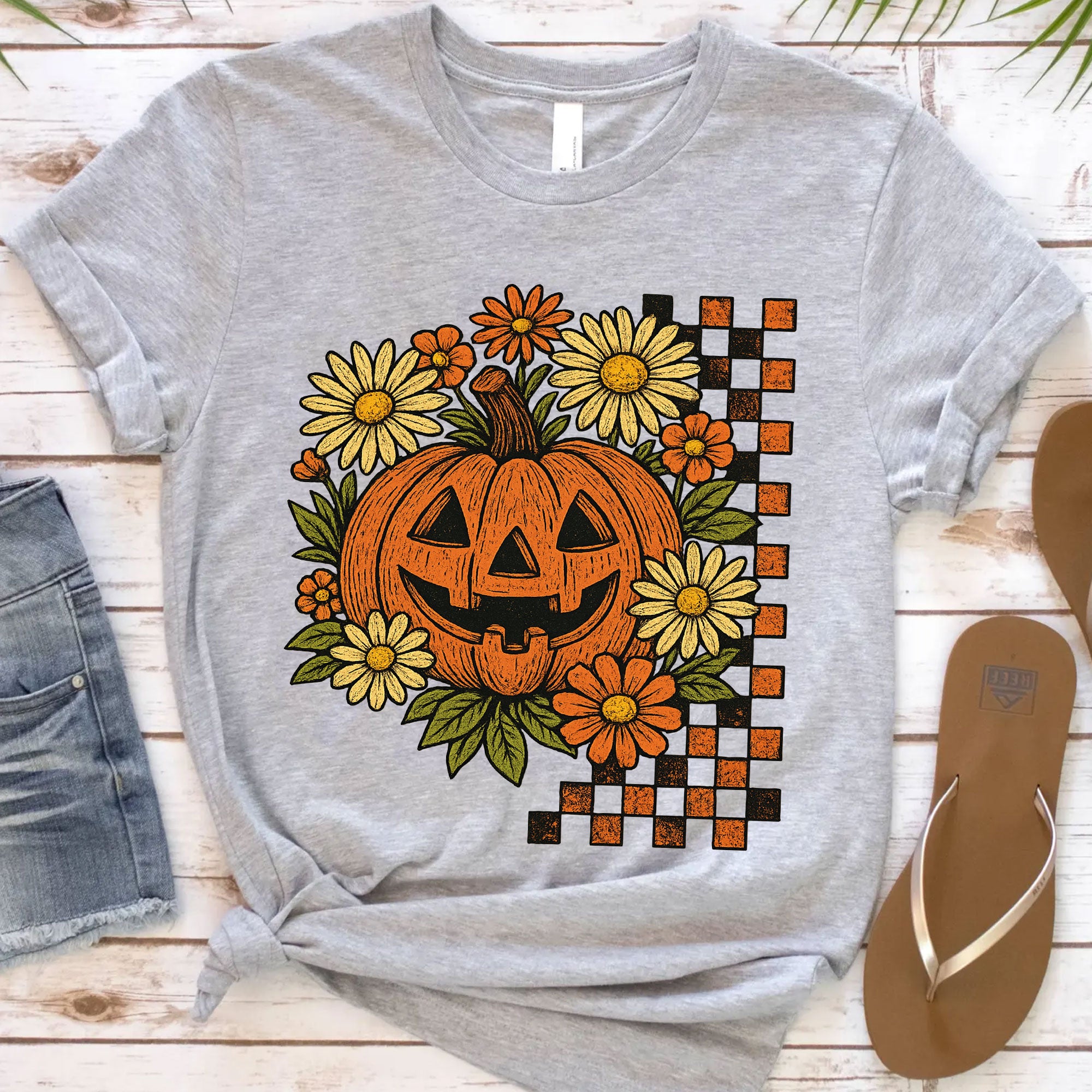 Halloween Pumpkin Graphic Tee with Floral and Checkered Design for Fall Festive Wear - Comfortable Cotton Blend T-Shirt
 - 12