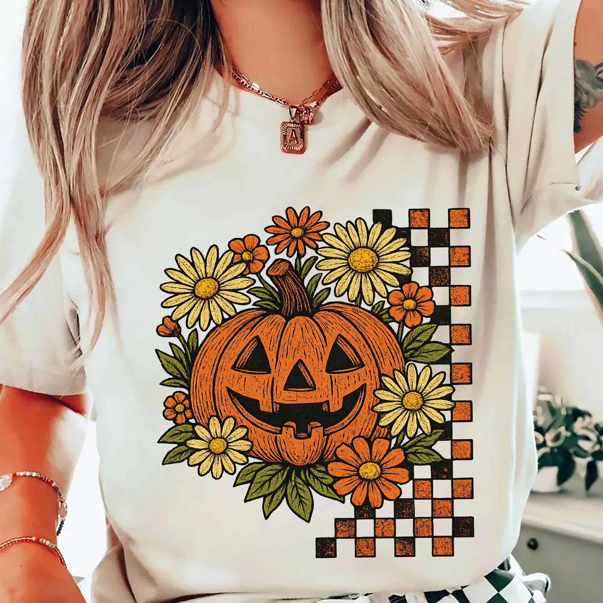 Halloween Pumpkin Graphic Tee with Floral and Checkered Design for Fall Festive Wear - Comfortable Cotton Blend T-Shirt
 - 2