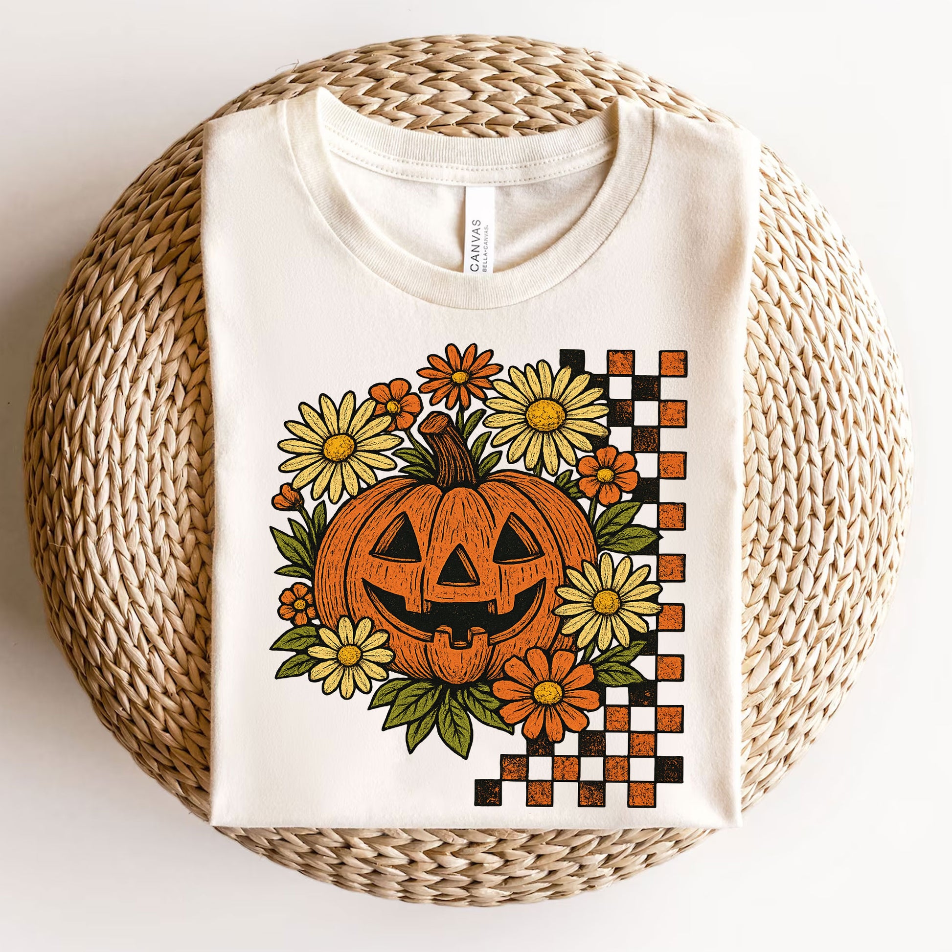 Halloween Pumpkin Graphic Tee with Floral and Checkered Design for Fall Festive Wear - Comfortable Cotton Blend T-Shirt
 - 3