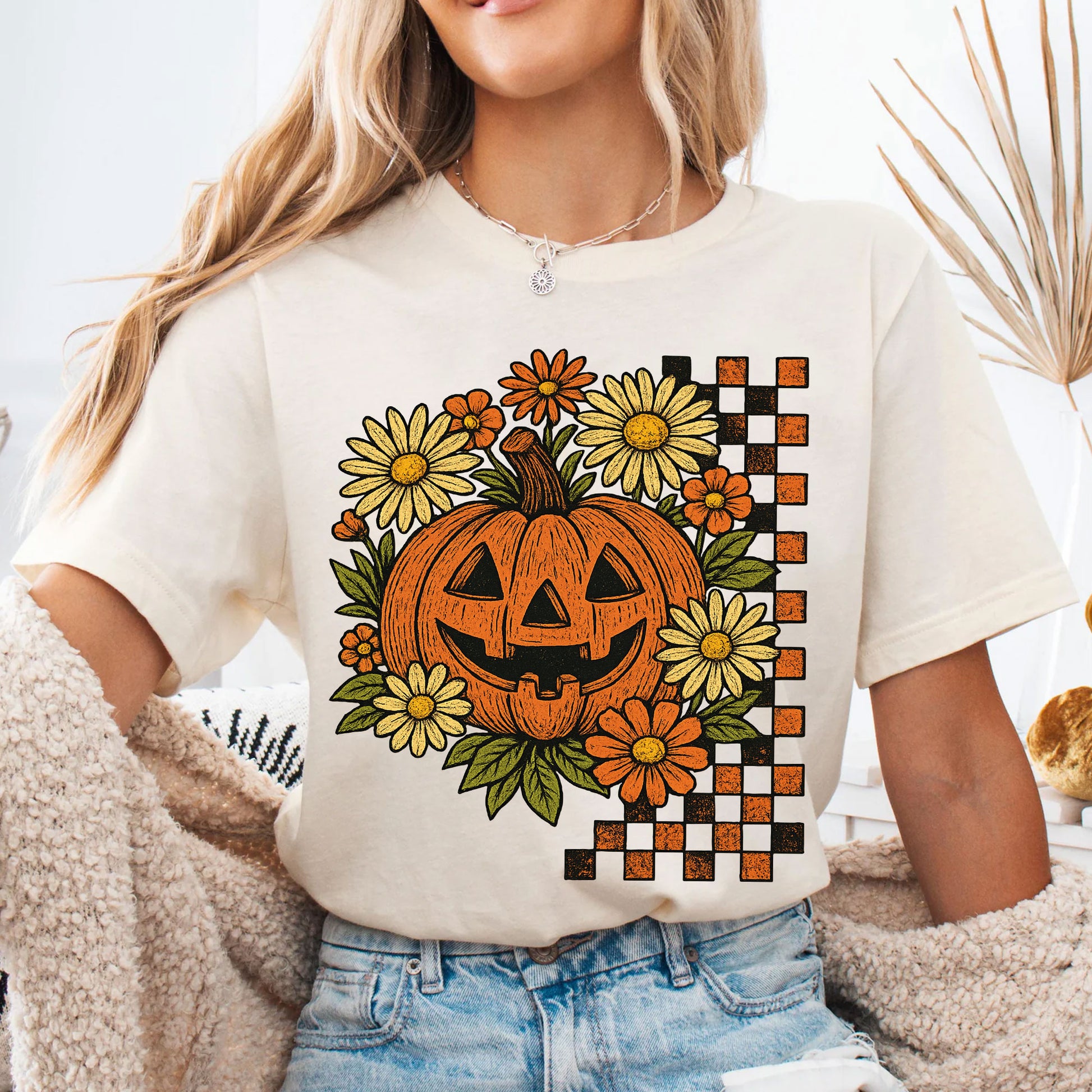Halloween Pumpkin Graphic Tee with Floral and Checkered Design for Fall Festive Wear - Comfortable Cotton Blend T-Shirt
 - 4