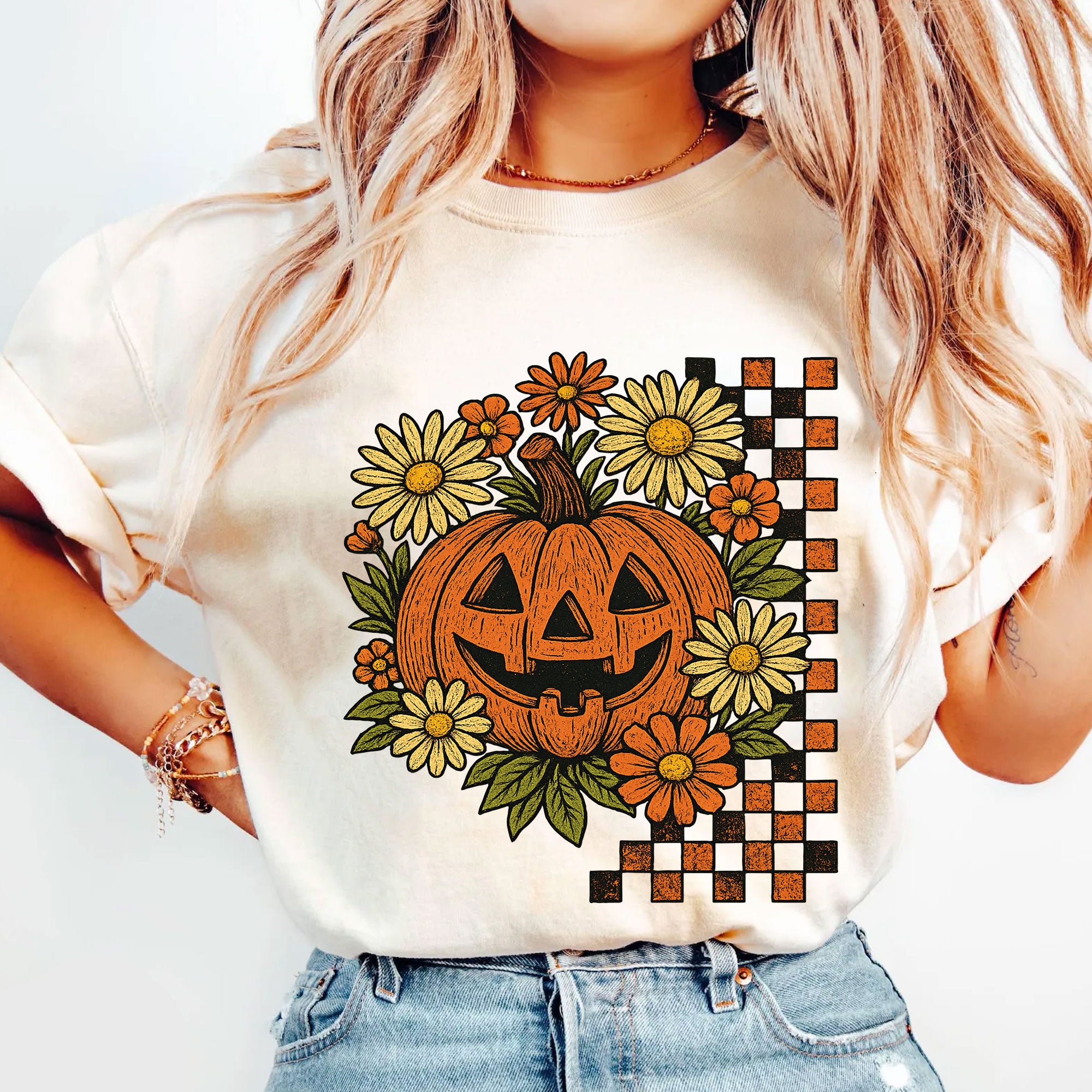 Halloween Pumpkin Graphic Tee with Floral and Checkered Design for Fall Festive Wear - Comfortable Cotton Blend T-Shirt
 - 5
