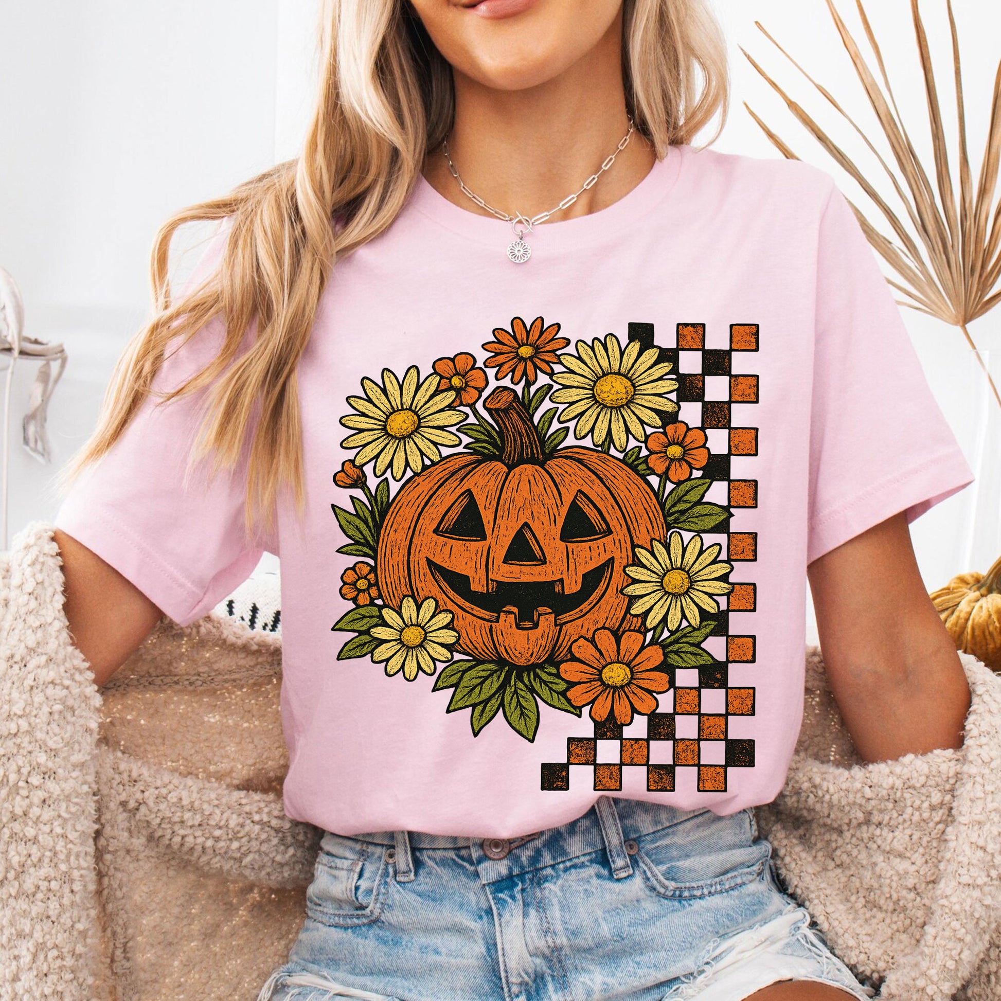 Halloween Pumpkin Graphic Tee with Floral and Checkered Design for Fall Festive Wear - Comfortable Cotton Blend T-Shirt
 - 6