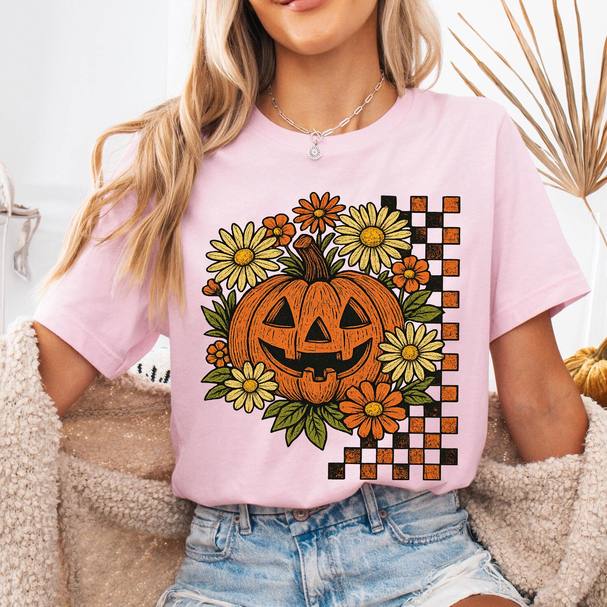 Halloween Pumpkin Graphic Tee with Floral and Checkered Design for Fall Festive Wear - Comfortable Cotton Blend T-Shirt
 - 6