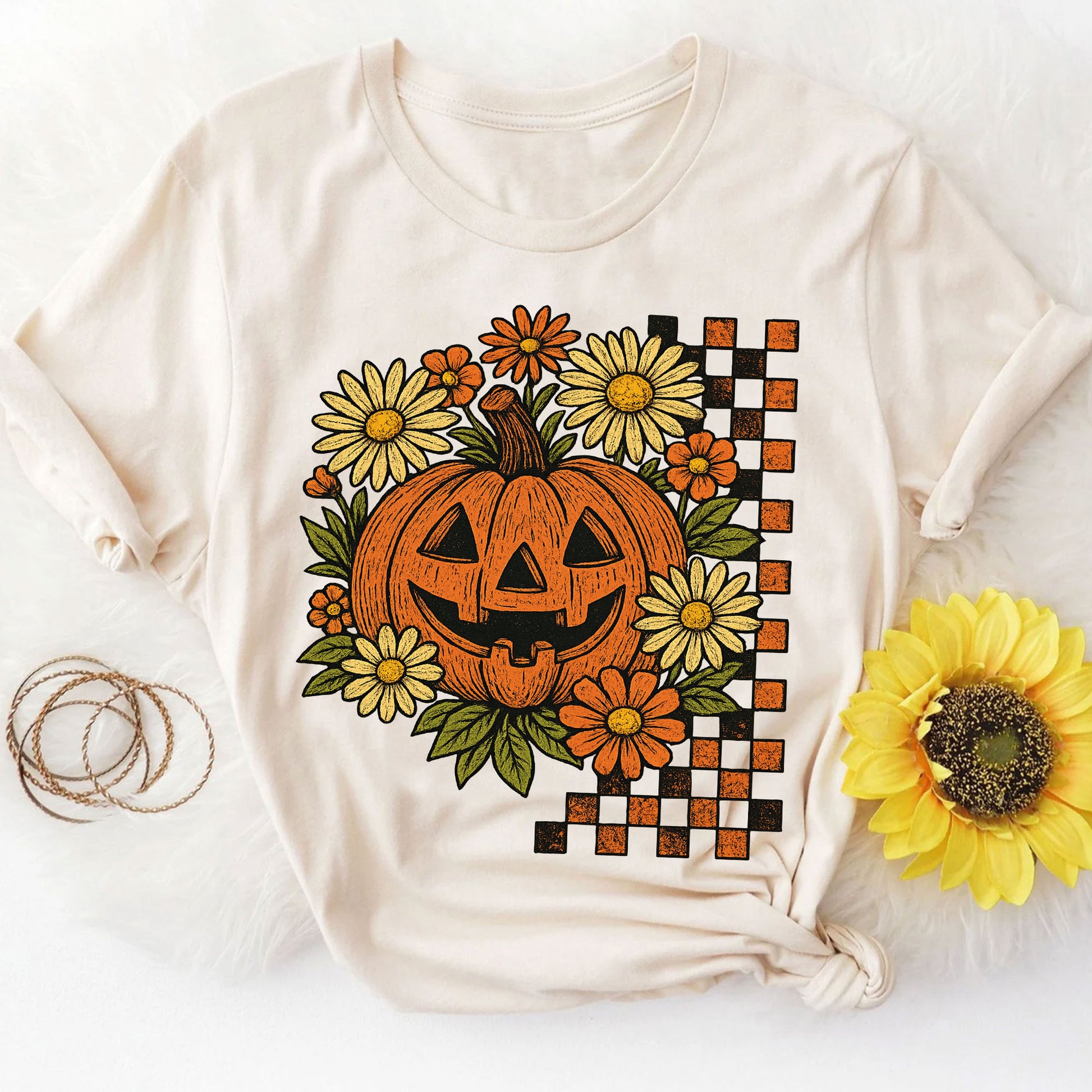 Halloween Pumpkin Graphic Tee with Floral and Checkered Design for Fall Festive Wear - Comfortable Cotton Blend T-Shirt
 - 8