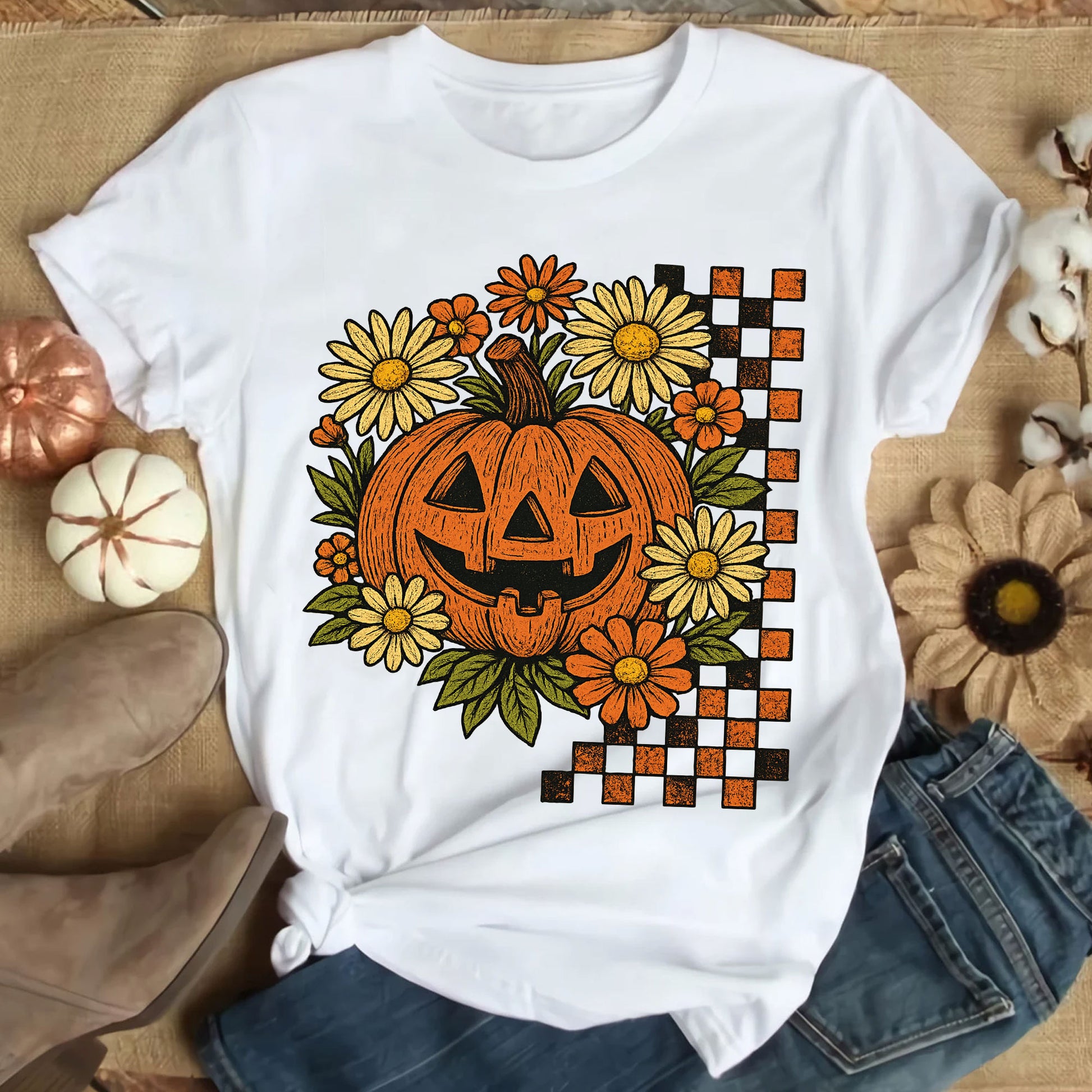 Halloween Pumpkin Graphic Tee with Floral and Checkered Design for Fall Festive Wear - Comfortable Cotton Blend T-Shirt
 - 9