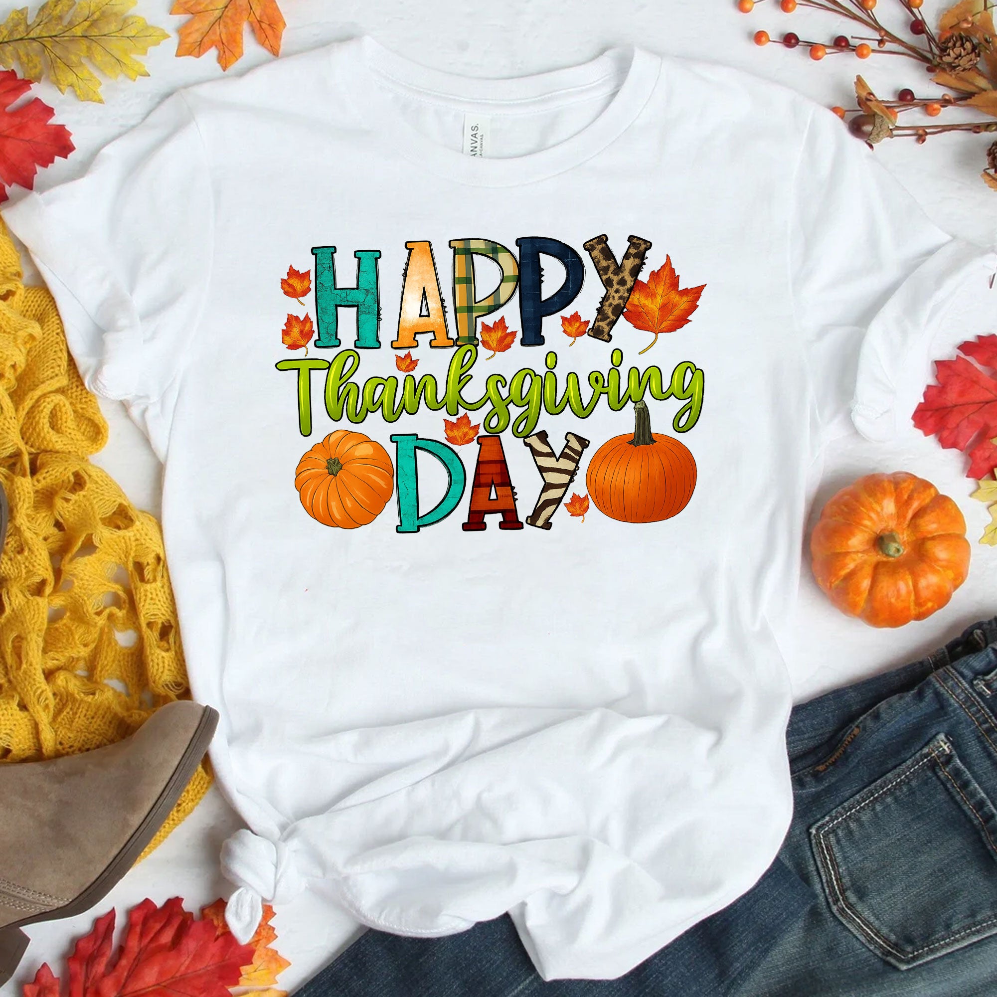 Happy Thanksgiving Shirt with Colorful Leaves and Pumpkins – Perfect for Fall Celebrations and Family Gatherings – Women's Casual Tee
 - 1