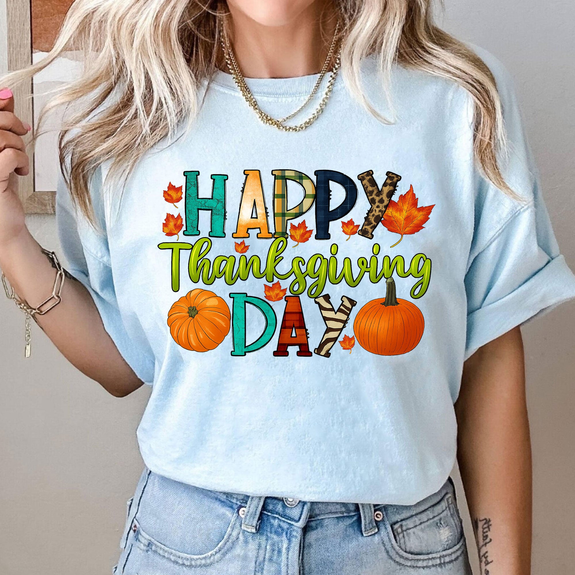 Happy Thanksgiving Shirt with Colorful Leaves and Pumpkins – Perfect for Fall Celebrations and Family Gatherings – Women's Casual Tee
 - 10