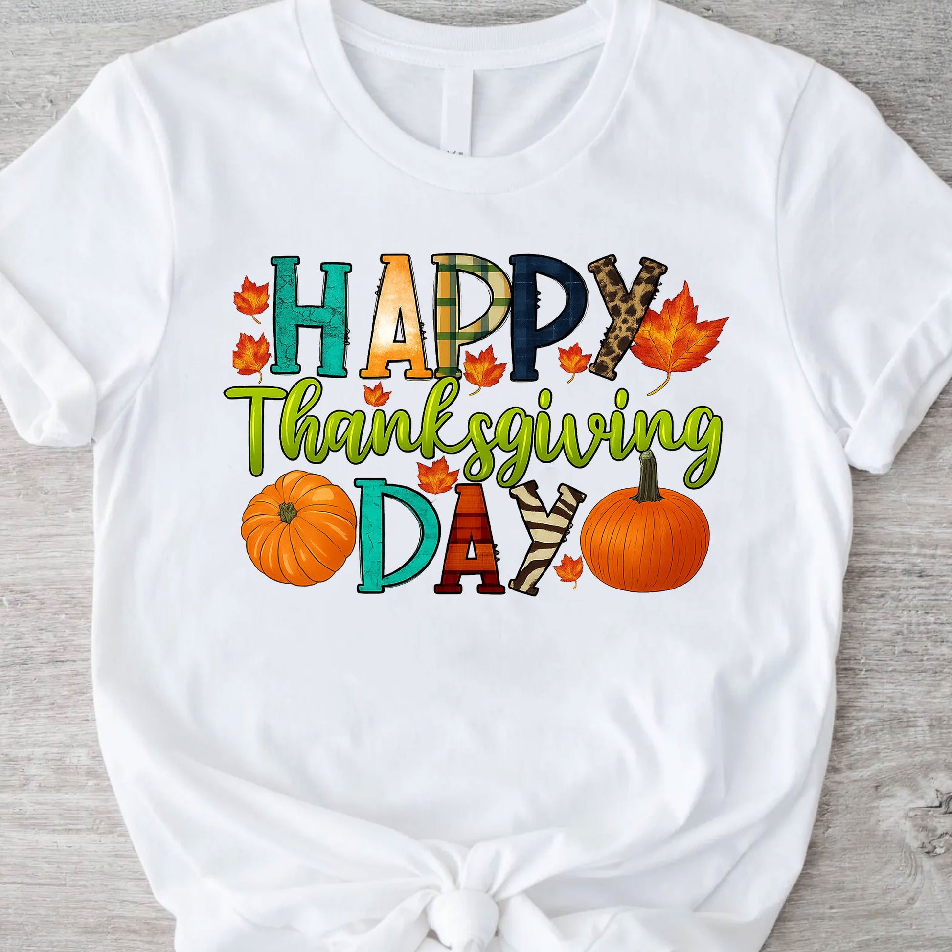 Happy Thanksgiving Shirt with Colorful Leaves and Pumpkins – Perfect for Fall Celebrations and Family Gatherings – Women's Casual Tee
 - 11