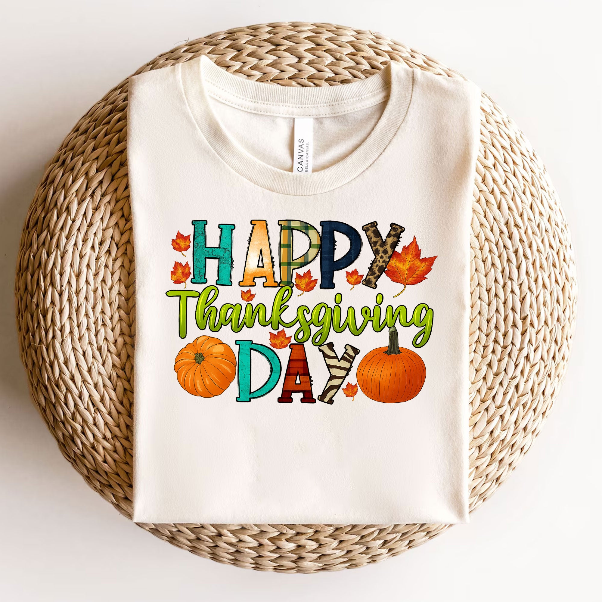 Happy Thanksgiving Shirt with Colorful Leaves and Pumpkins – Perfect for Fall Celebrations and Family Gatherings – Women's Casual Tee
 - 3