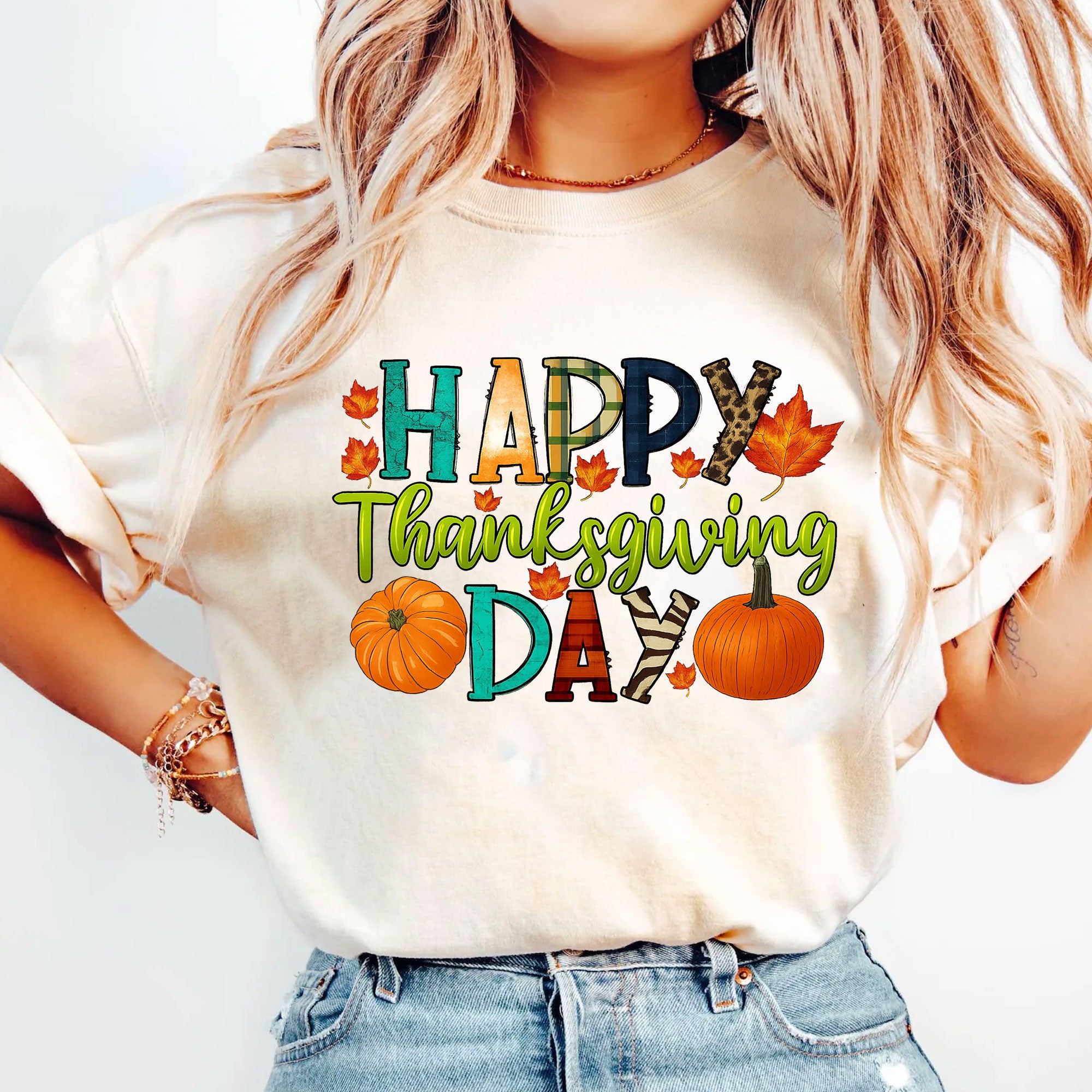 Happy Thanksgiving Shirt with Colorful Leaves and Pumpkins – Perfect for Fall Celebrations and Family Gatherings – Women's Casual Tee
 - 5
