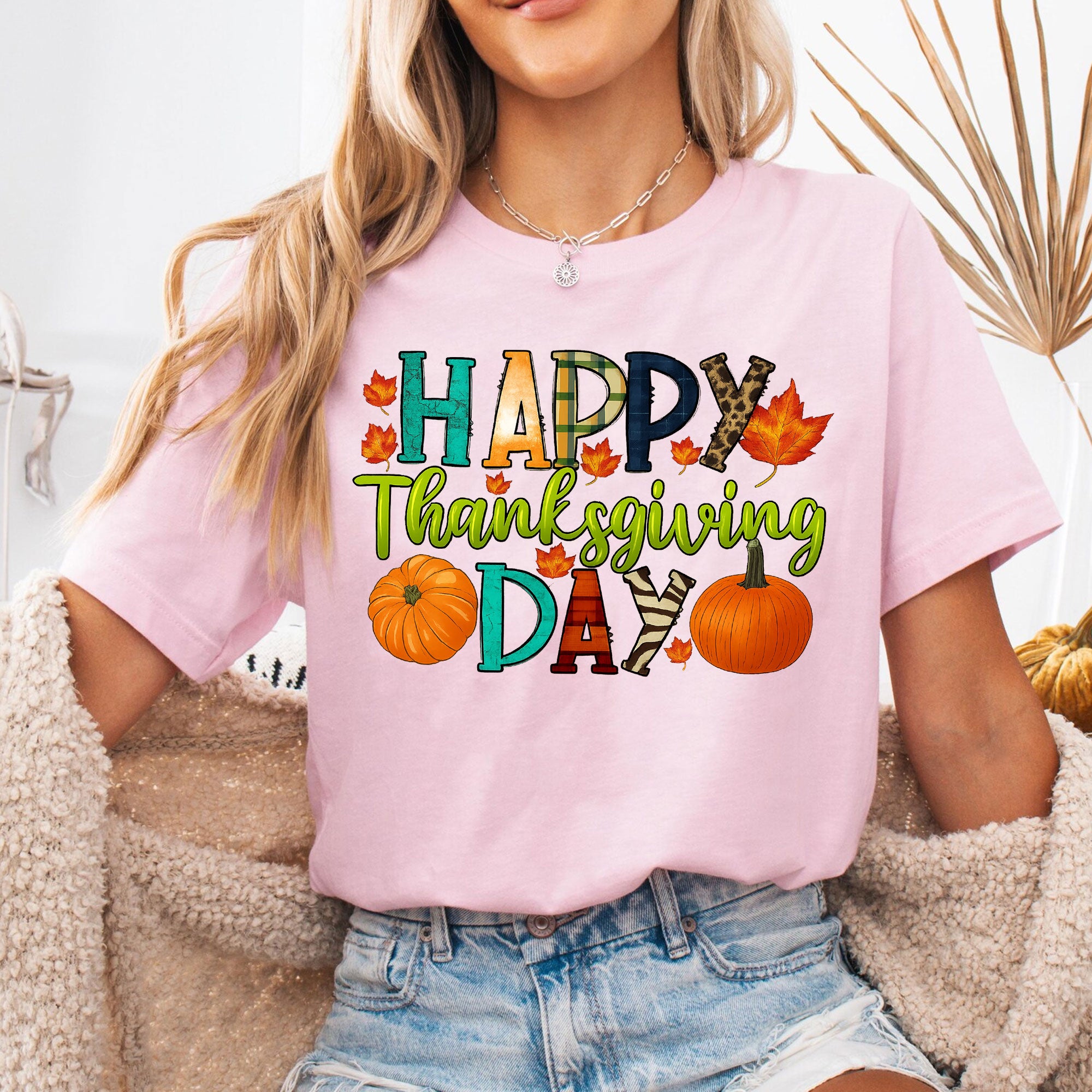 Happy Thanksgiving Shirt with Colorful Leaves and Pumpkins – Perfect for Fall Celebrations and Family Gatherings – Women's Casual Tee
 - 6