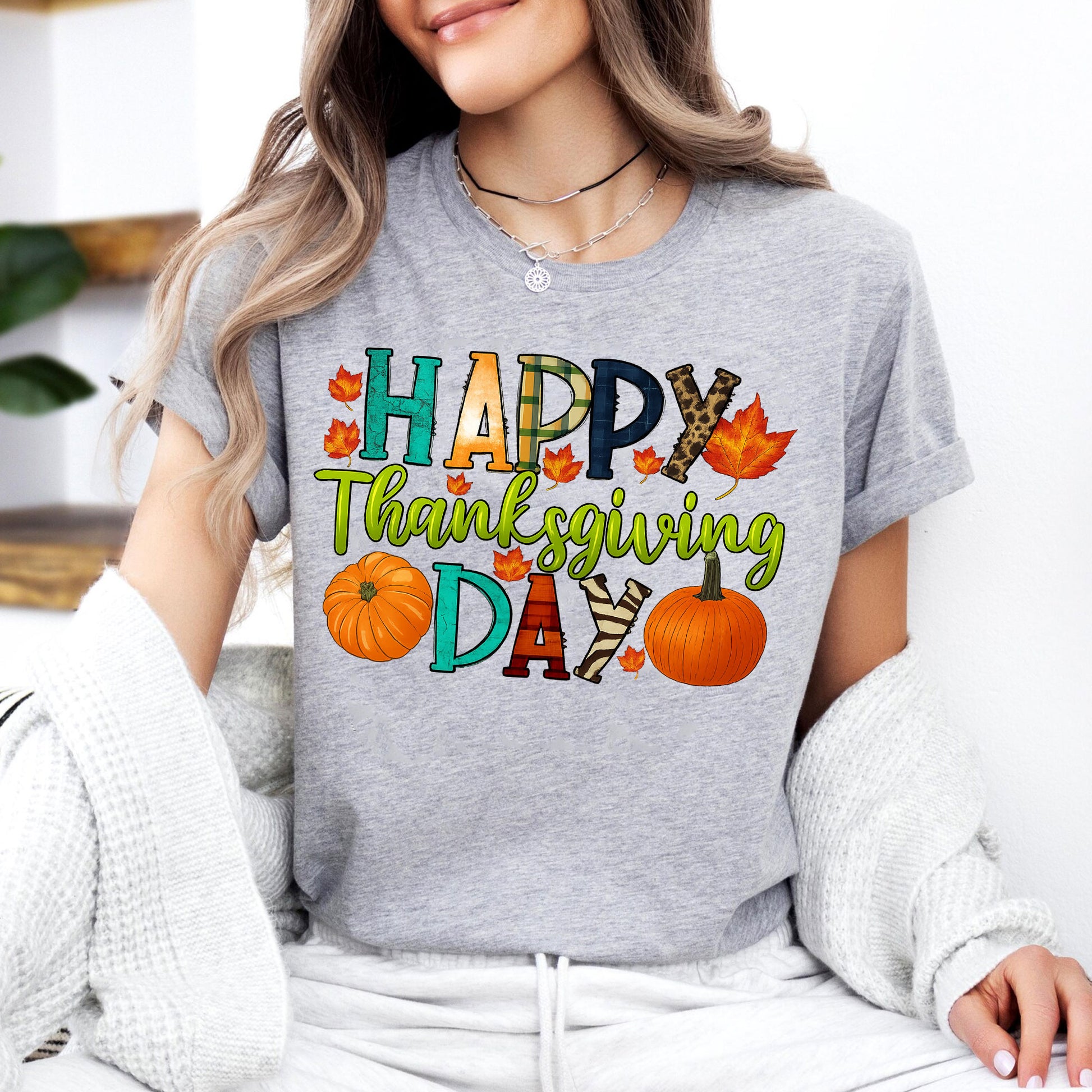 Happy Thanksgiving Shirt with Colorful Leaves and Pumpkins – Perfect for Fall Celebrations and Family Gatherings – Women's Casual Tee
 - 7