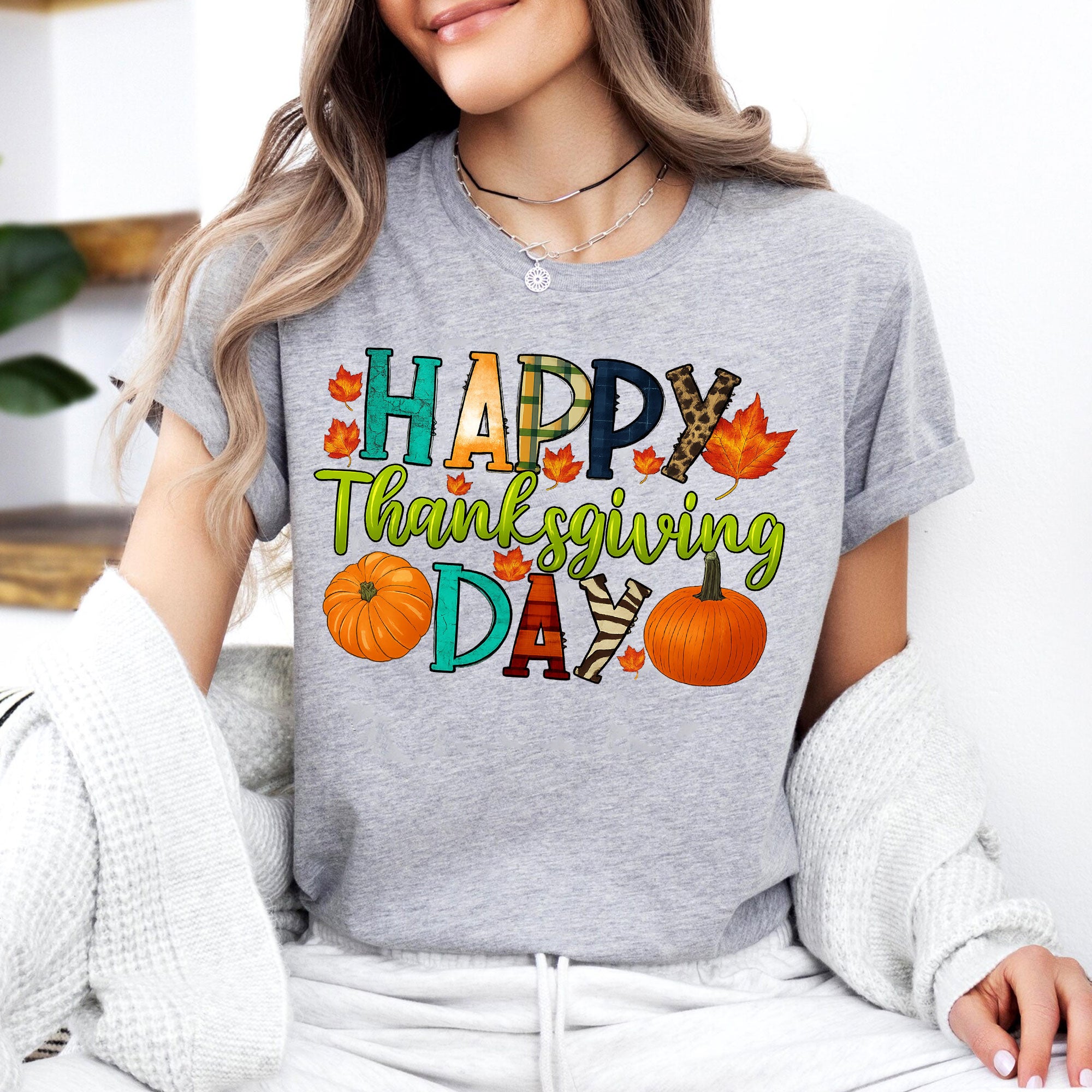 Happy Thanksgiving Shirt with Colorful Leaves and Pumpkins – Perfect for Fall Celebrations and Family Gatherings – Women's Casual Tee
 - 7