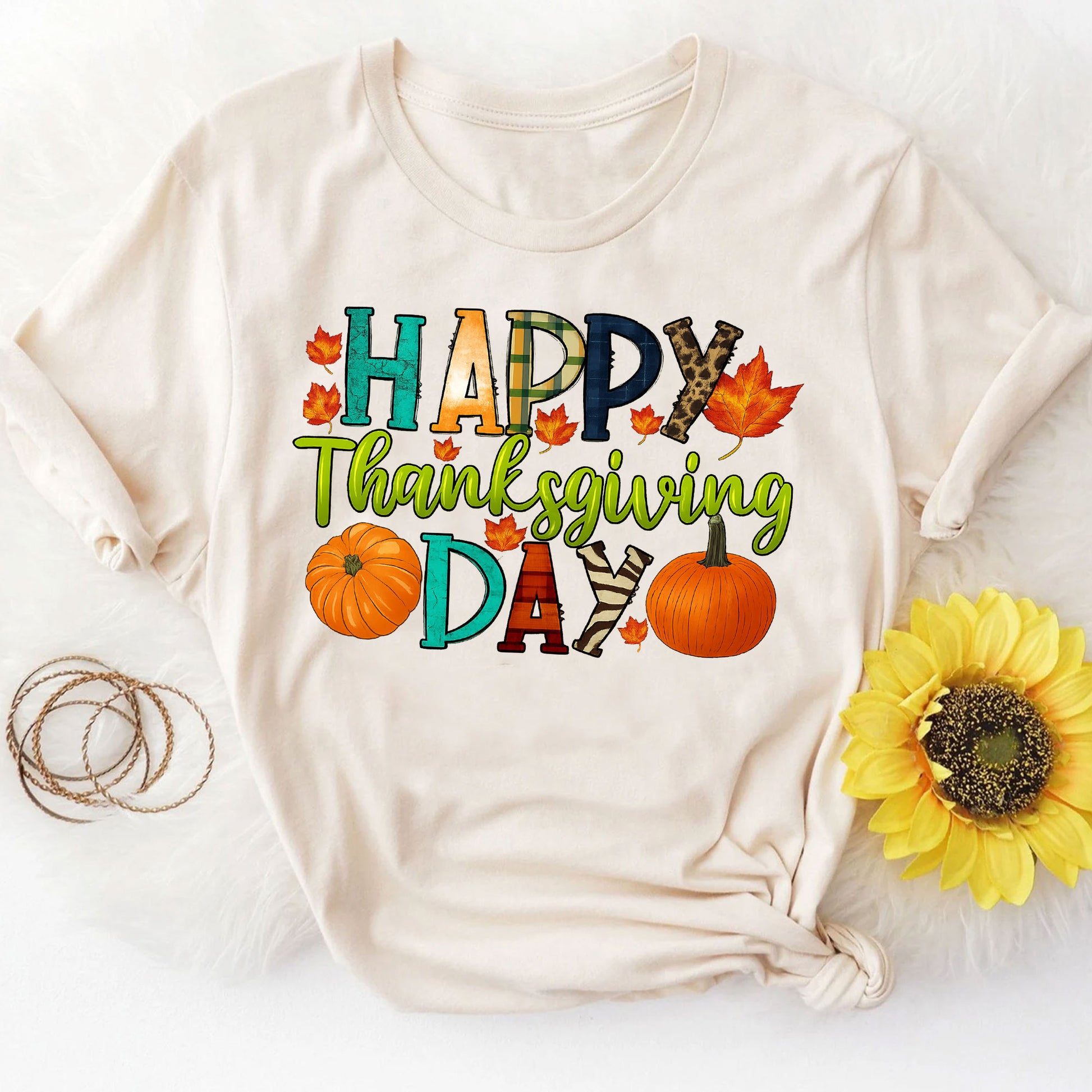 Happy Thanksgiving Shirt with Colorful Leaves and Pumpkins – Perfect for Fall Celebrations and Family Gatherings – Women's Casual Tee
 - 8
