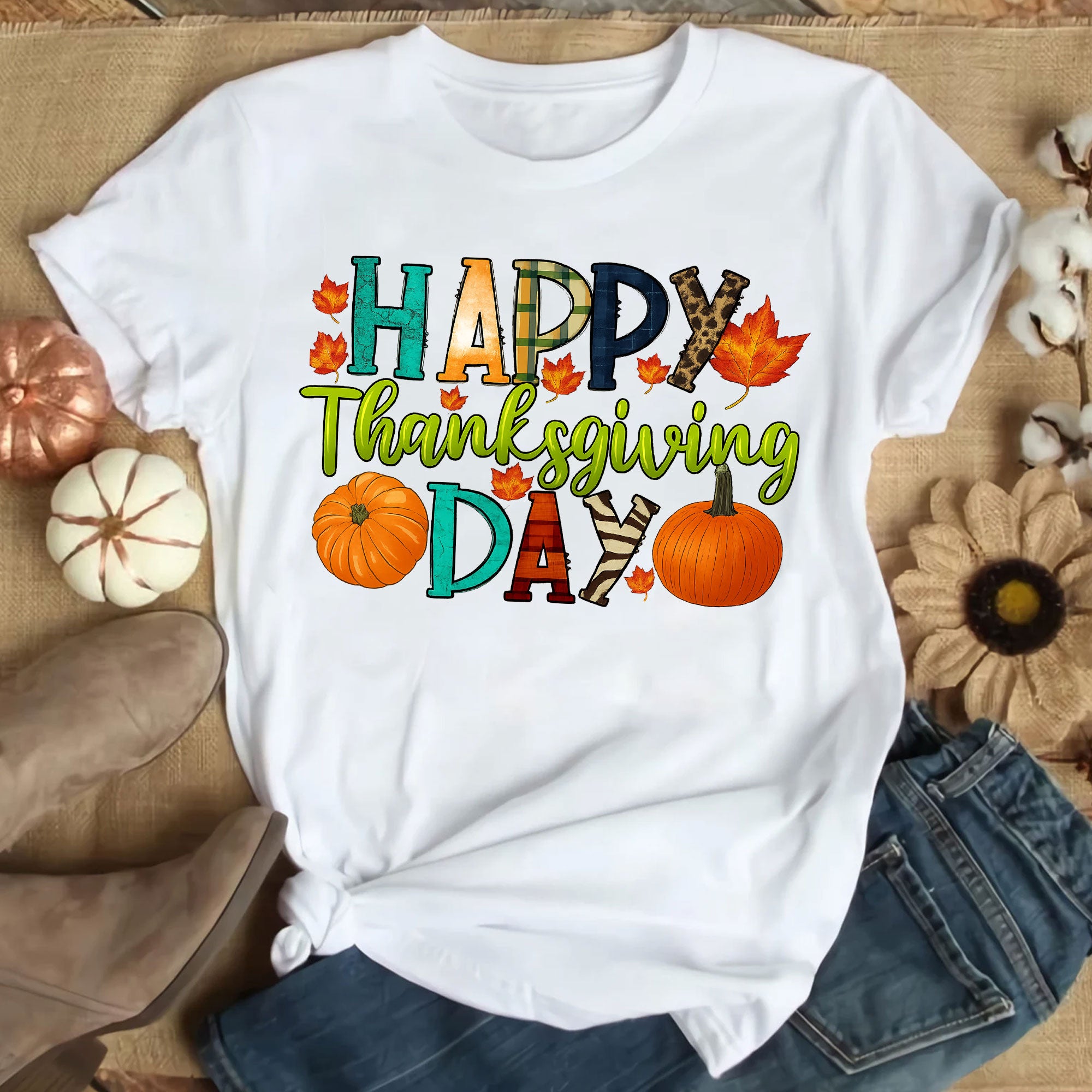 Happy Thanksgiving Shirt with Colorful Leaves and Pumpkins – Perfect for Fall Celebrations and Family Gatherings – Women's Casual Tee
 - 9