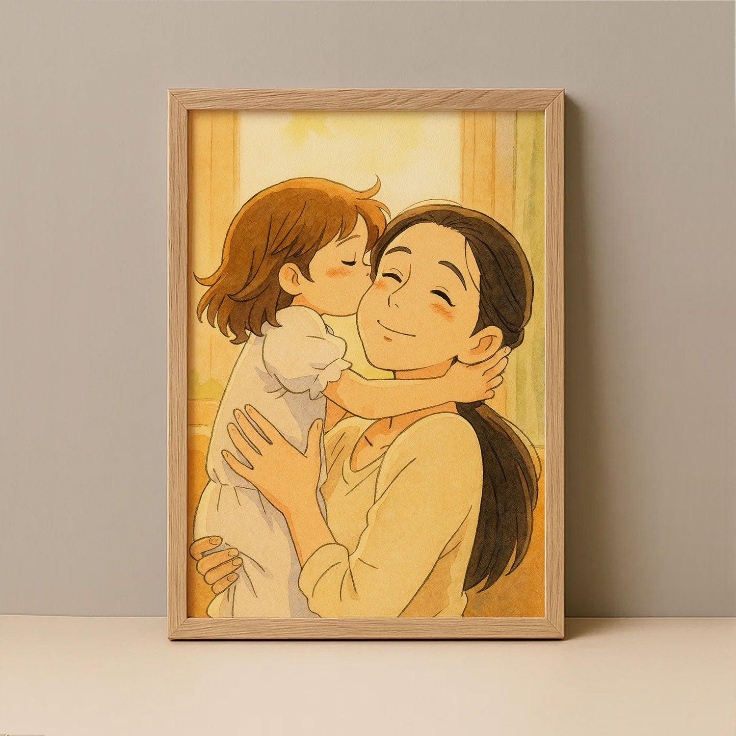 Heartwarming Anime Art of Mother and Child Embracing: Charming Illustration for Home Décor
 - 1
