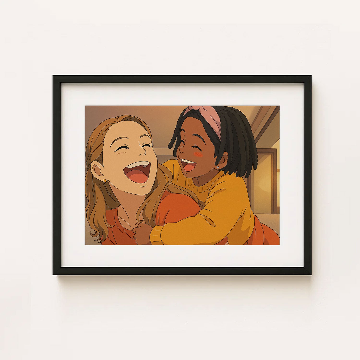 Heartwarming Anime Art Print of Mother and Daughter Embracing - A Touching Moment in Soft Pastel Tones
 - 1