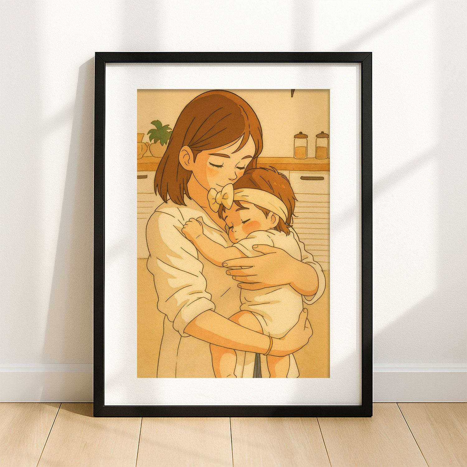 Heartwarming Anime Art Print of Mother Holding Baby - Cozy Home Decor Illustration for Family Spaces
 - 1
