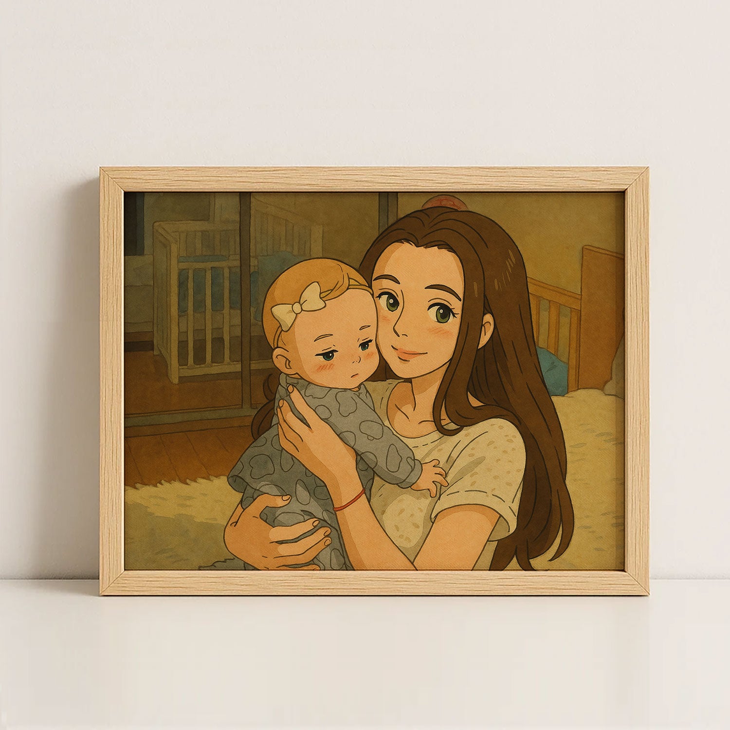Heartwarming Anime-Inspired Art Print of a Mother Holding Her Baby in a Cozy Nursery - Perfect Gift for New Moms and Nursery Decor
 - 1