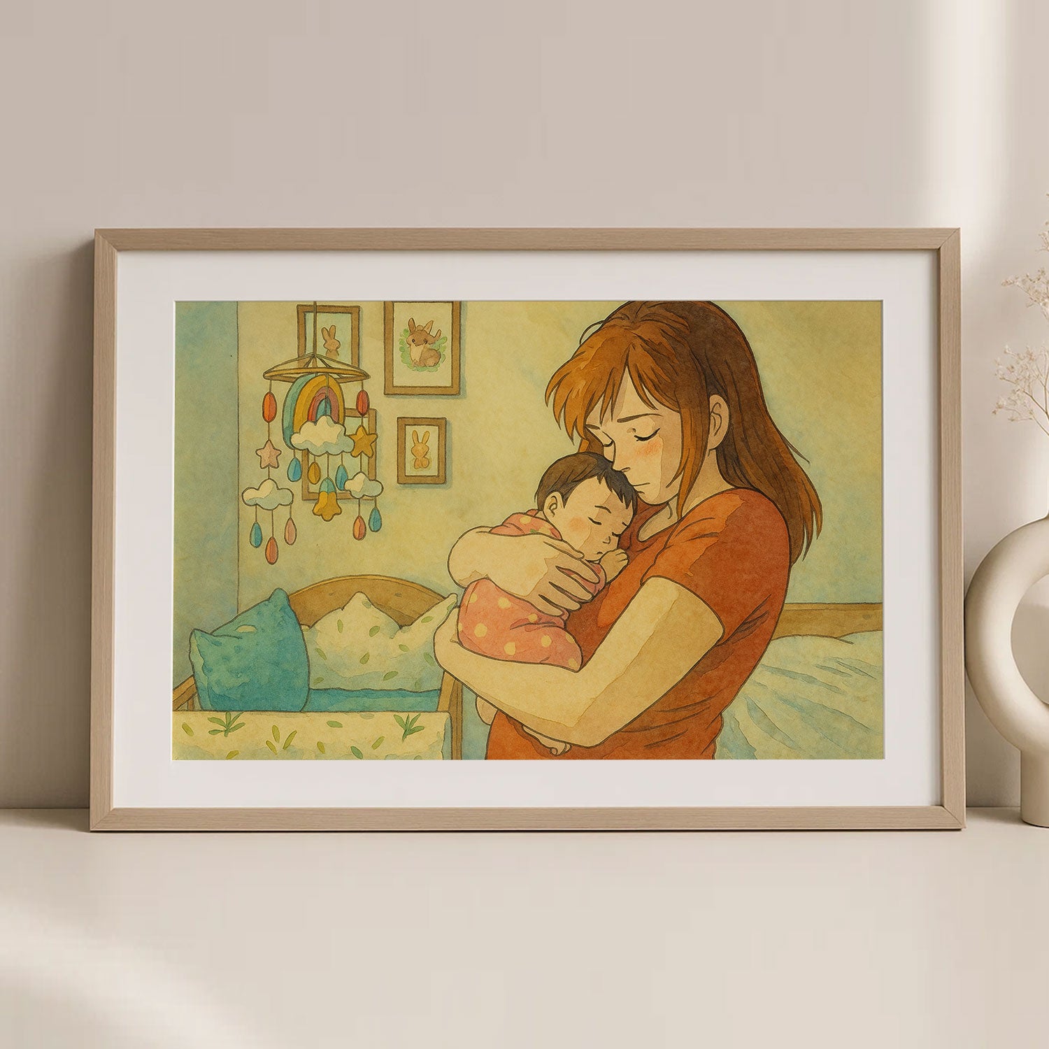 Heartwarming Anime-Style Art Print of Mother and Baby Embracing, Perfect for Nursery Decoration and Gift Ideas
 - 1