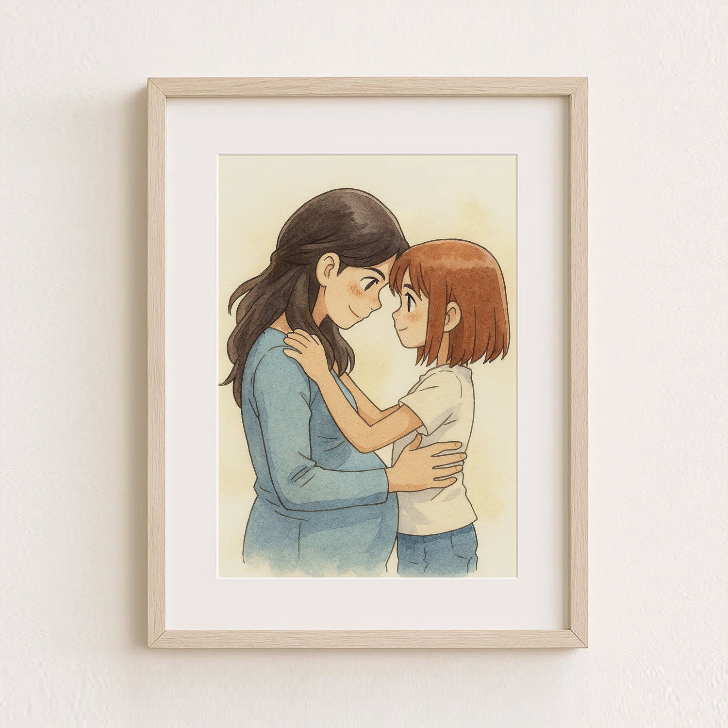Heartwarming Family Bonding Art - Anime Style Mother and Child Embrace Print
 - 1