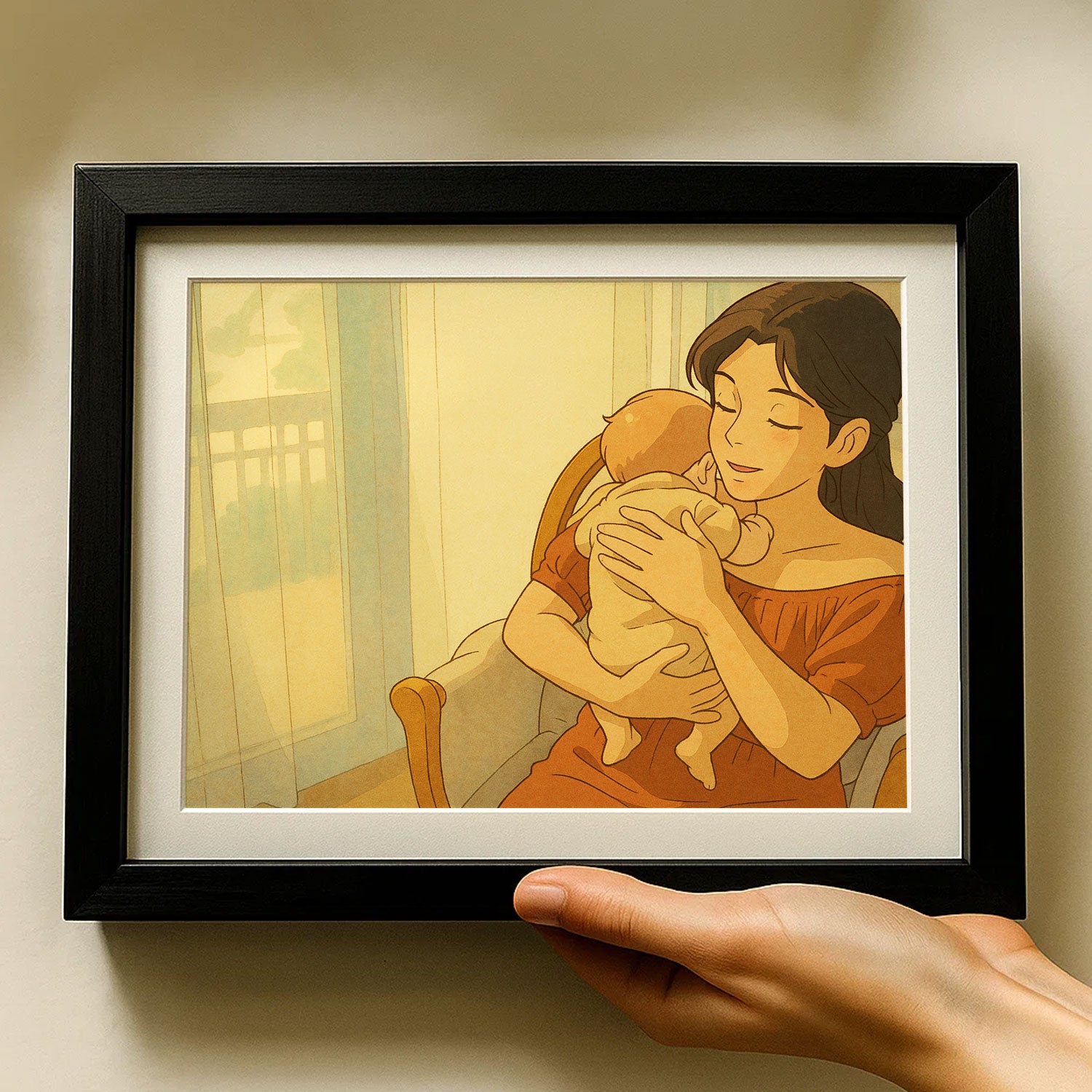 Heartwarming Mother and Baby Illustration: Cozy Anime Art Print Capturing the Beauty of Parenthood and Love in Soft Colors
 - 1