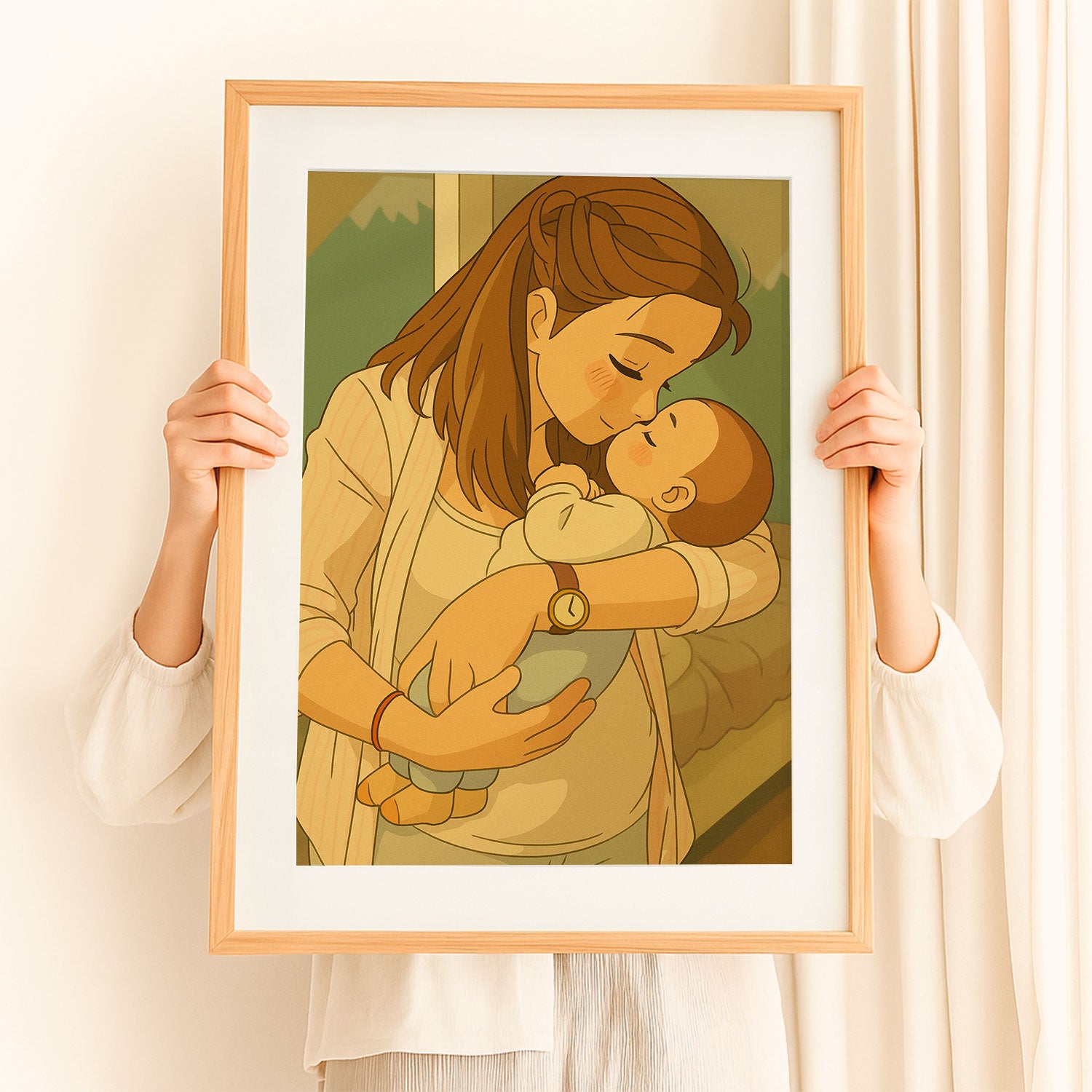 Heartwarming Mother and Baby Moment: Beautiful Anime-Inspired Art Print for Nursery or Baby Room Decor
 - 1