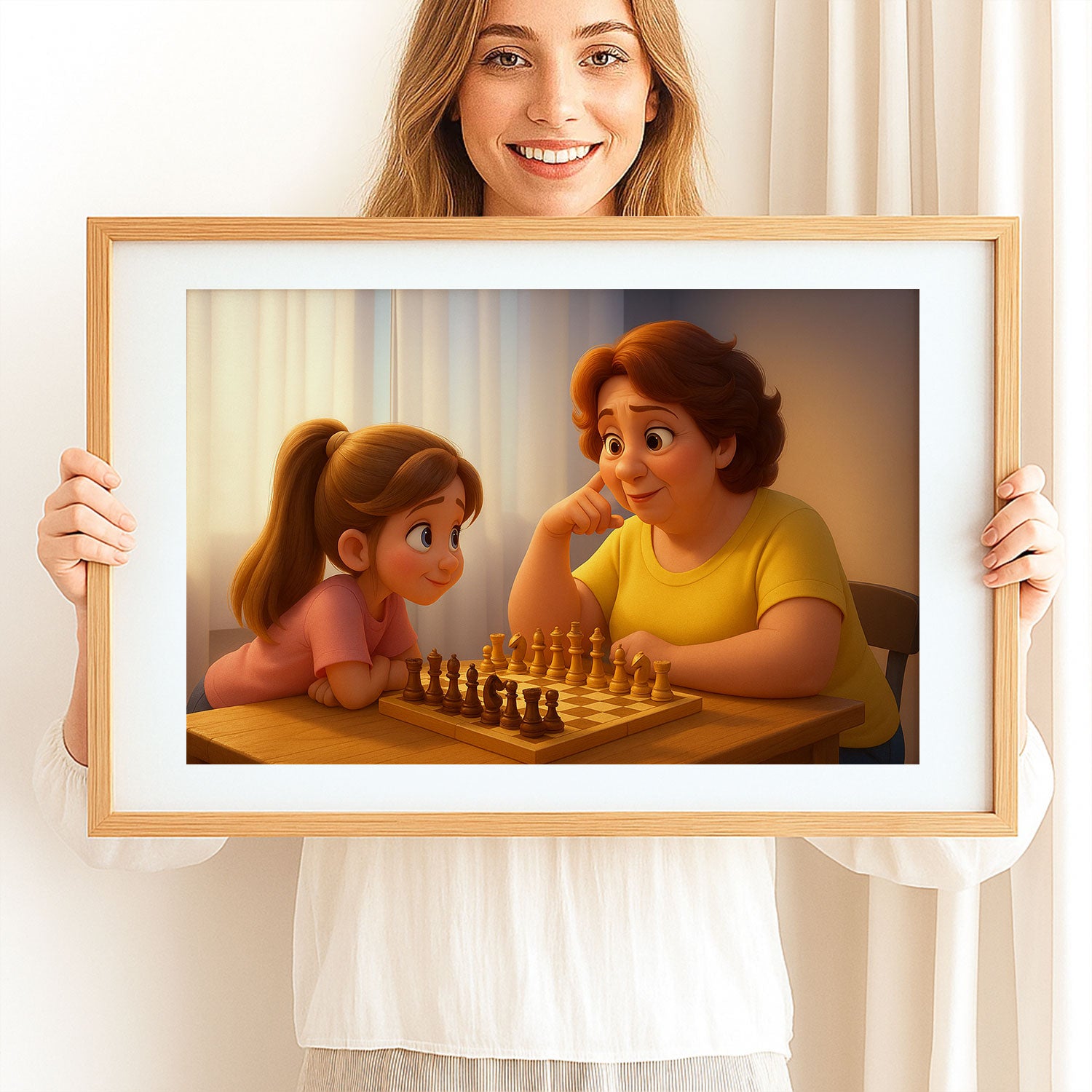 Joyful Bonding: Colorful Illustrative Art of a Mother and Child Practicing Yoga at Home – Perfect for Family Spaces
 - 1