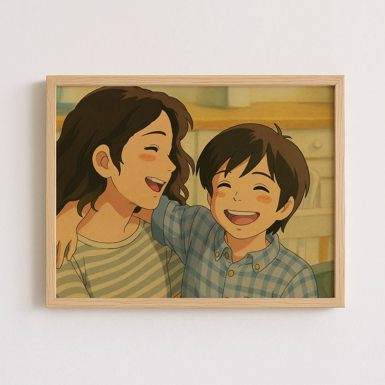 Joyful Moments: Heartwarming Anime Art Print of Siblings Laughing Together in a Cozy Setting
 - 1