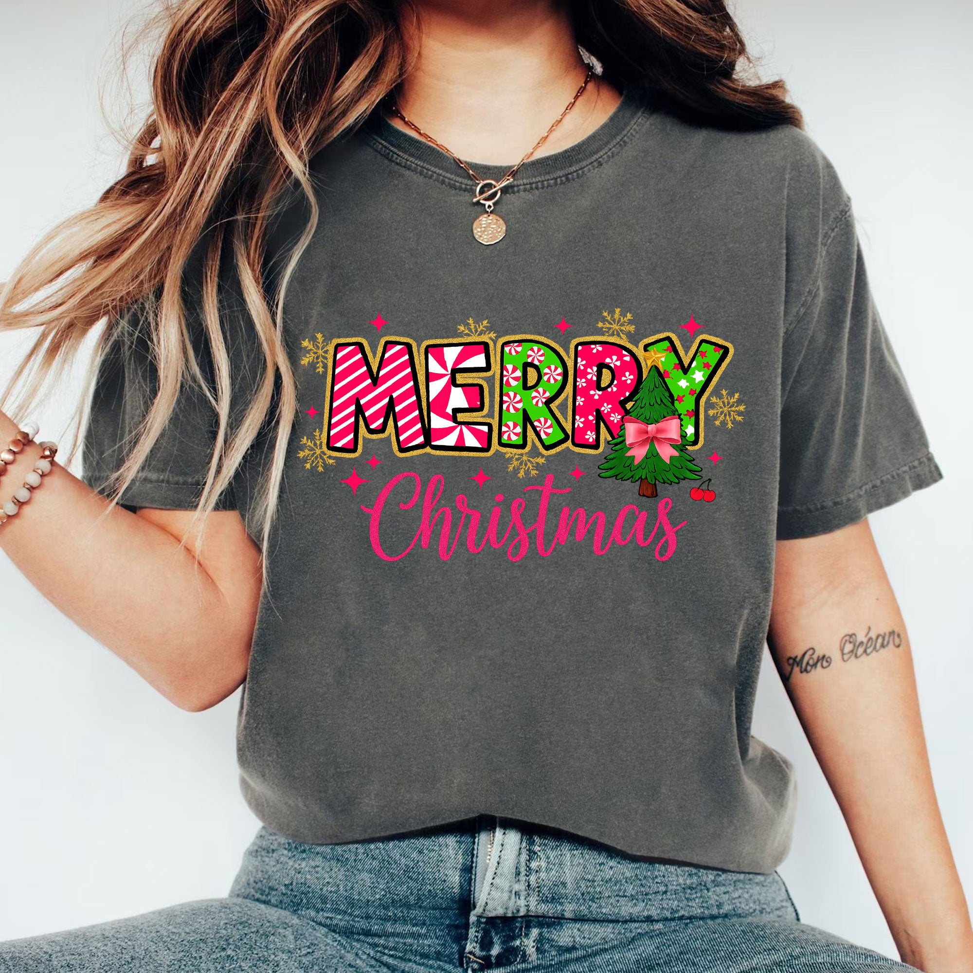 Merry Christmas Graphic T-Shirt for Women - Festive Holiday Design Tee with Colorful Print, Perfect Christmas Gift Idea
 - 1