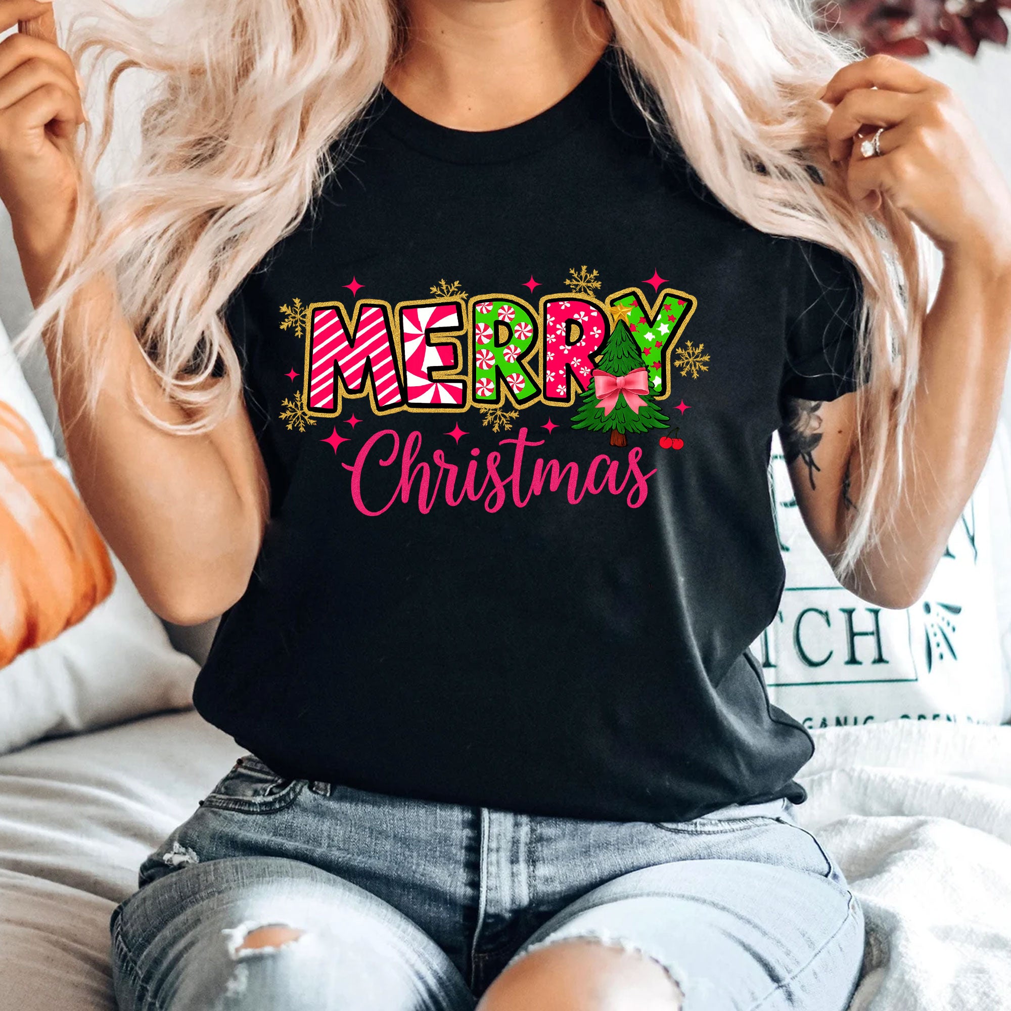 Merry Christmas Graphic T-Shirt for Women - Festive Holiday Design Tee with Colorful Print, Perfect Christmas Gift Idea
 - 4