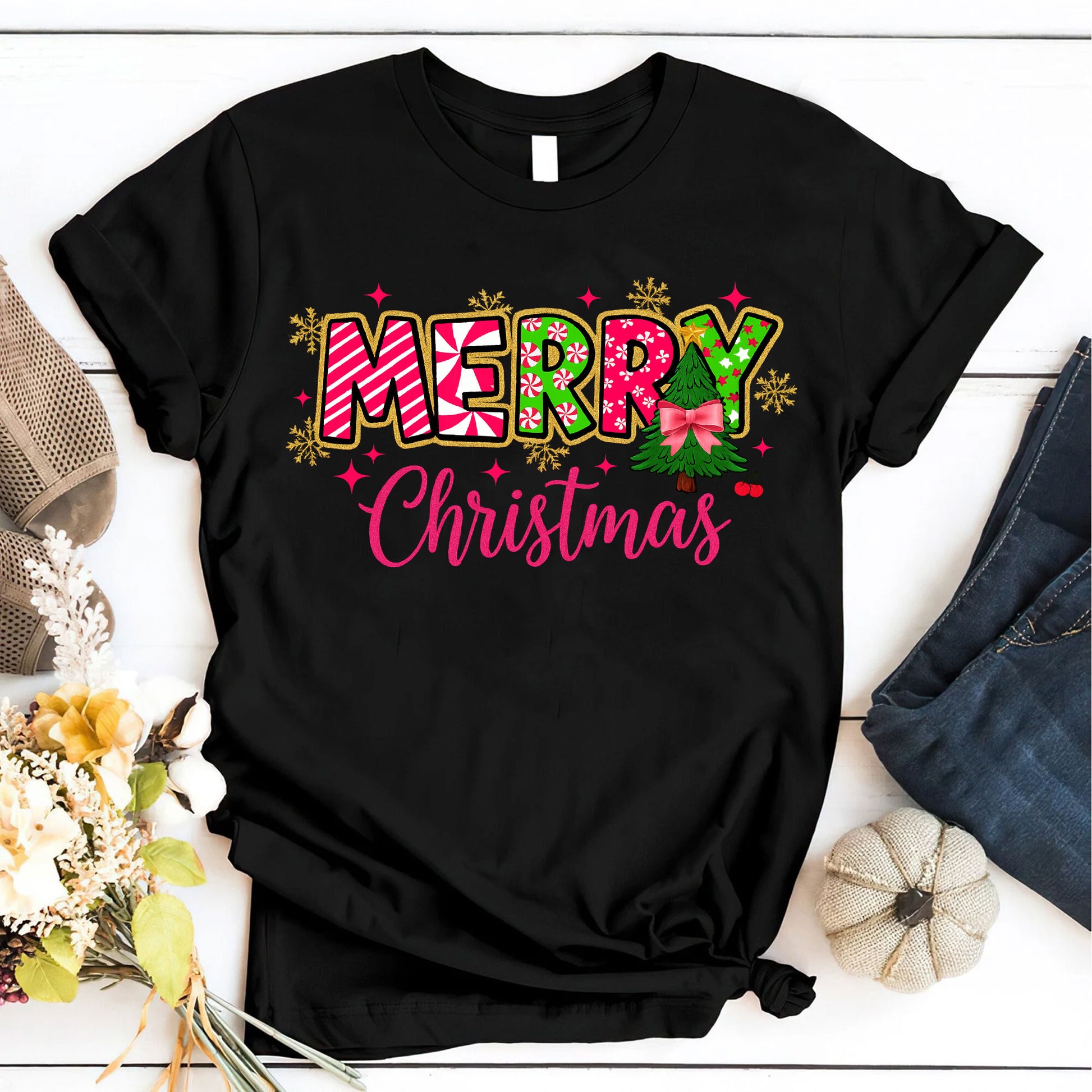 Merry Christmas Graphic T-Shirt for Women - Festive Holiday Design Tee with Colorful Print, Perfect Christmas Gift Idea
 - 6