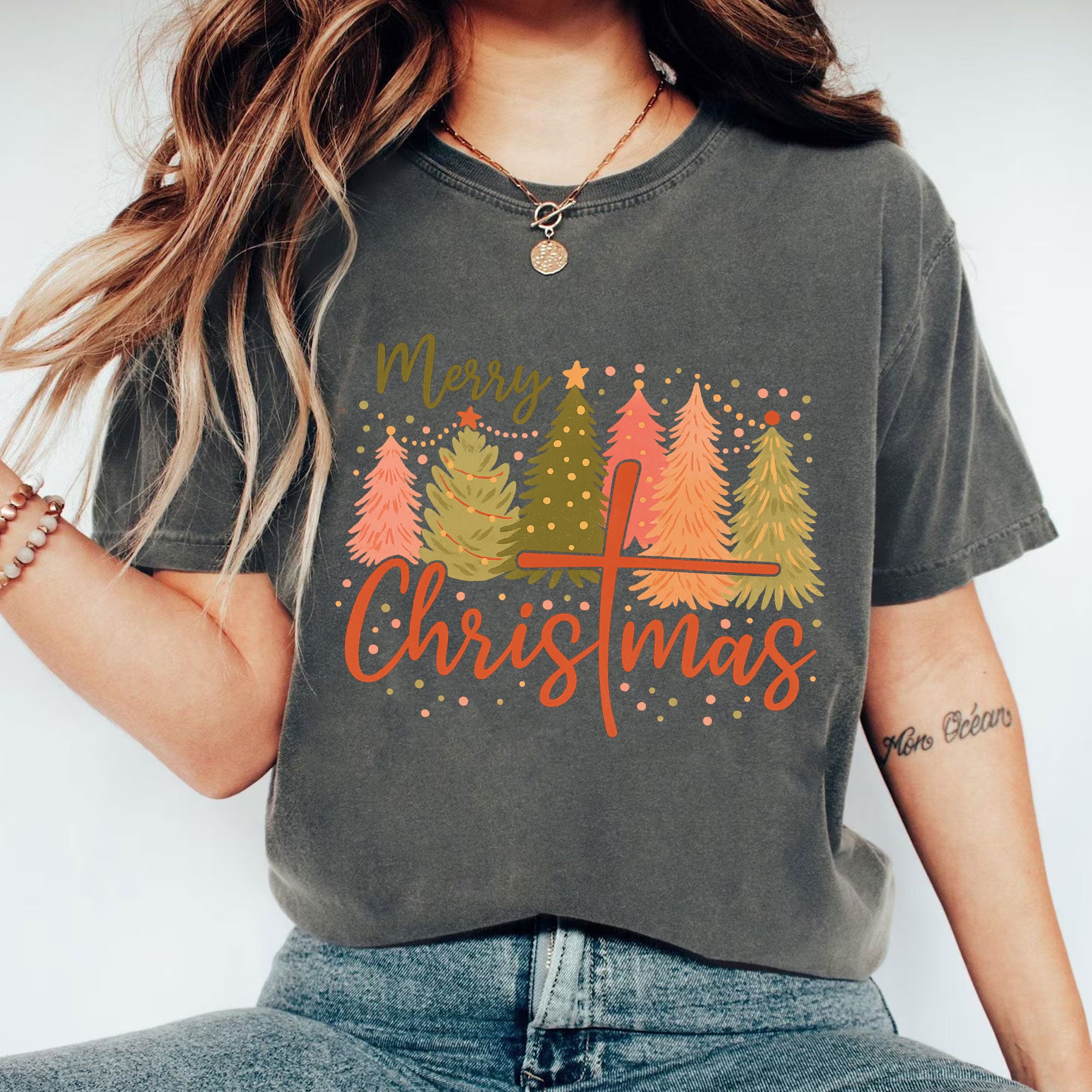 Merry Christmas Women's T-Shirt - Cute Festive Tree Design Holiday Graphic Tee - Stylish Christmas Gift Idea for Her - Casual Wear
 - 1