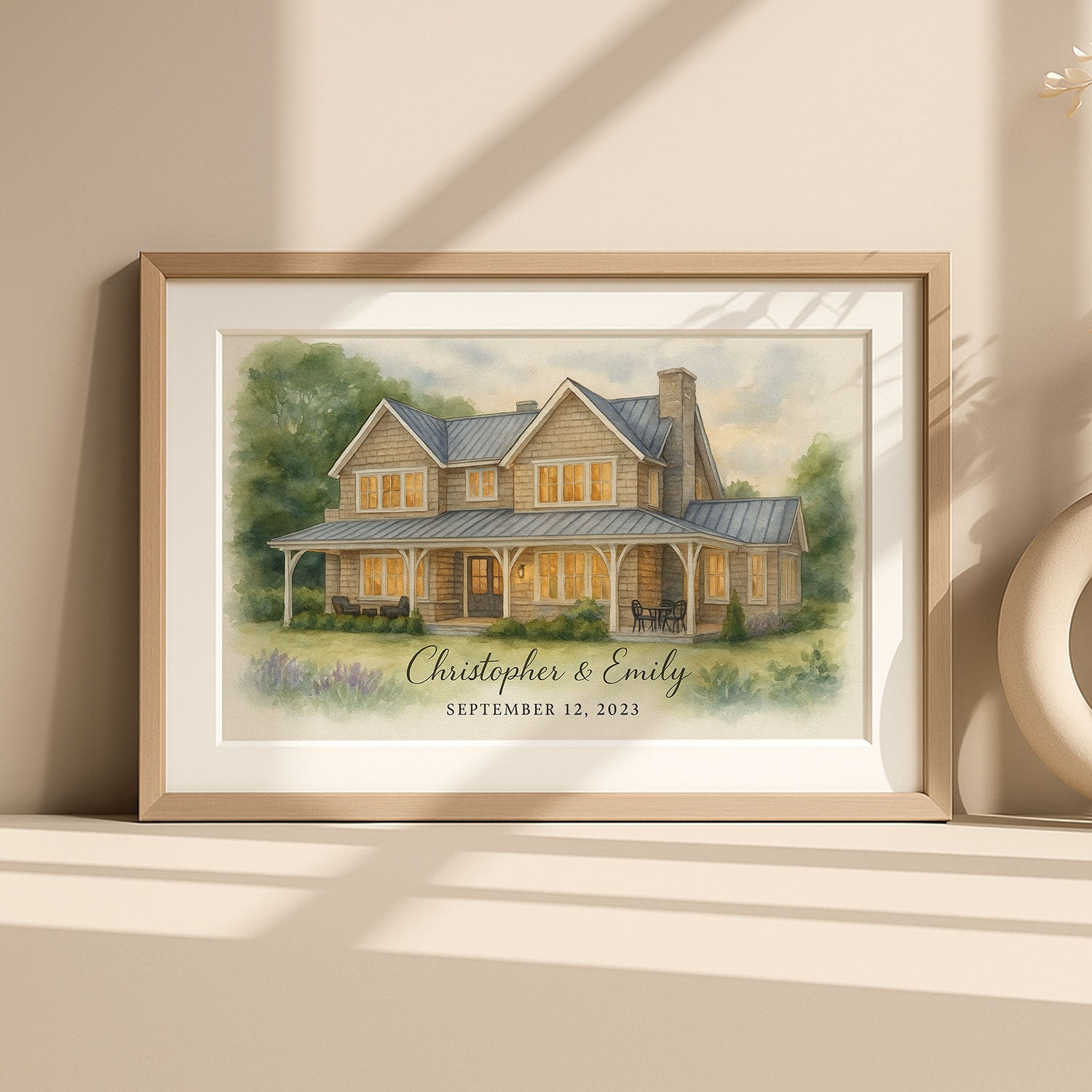 Personalized Watercolor House Portrait - The Harrison at 853 Riverwood Lane, Custom Home Art Print
 - 1