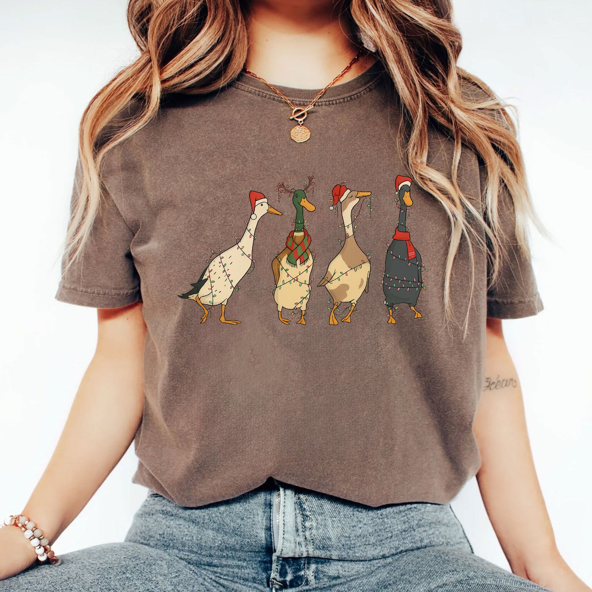 Quirky Christmas Duck T-Shirt for Women - Festive Holiday Design with Santa Hats and Lights - Fun Seasonal Tee for Gifting
 - 2