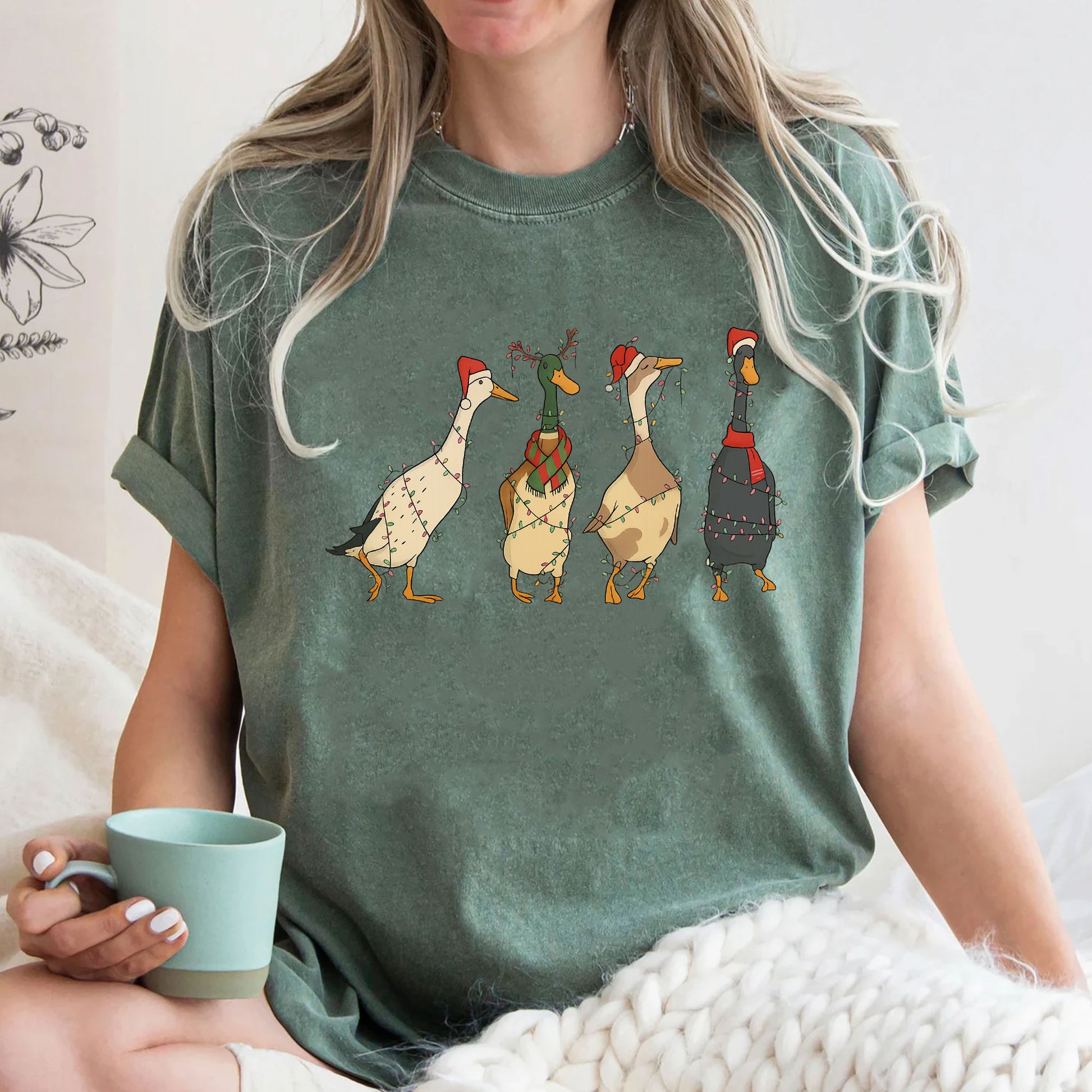 Quirky Christmas Duck T-Shirt for Women - Festive Holiday Design with Santa Hats and Lights - Fun Seasonal Tee for Gifting
 - 3