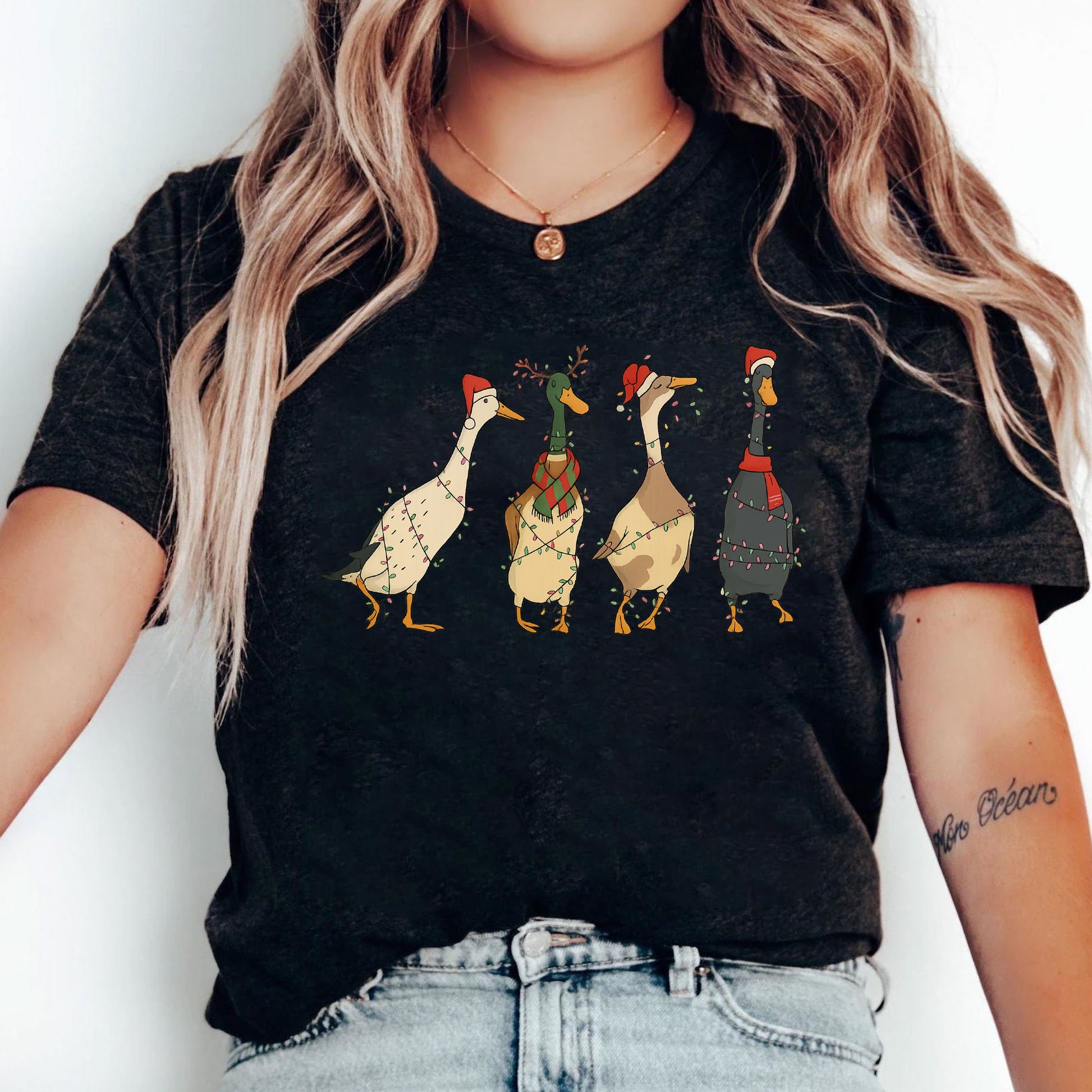 Quirky Christmas Duck T-Shirt for Women - Festive Holiday Design with Santa Hats and Lights - Fun Seasonal Tee for Gifting
 - 5
