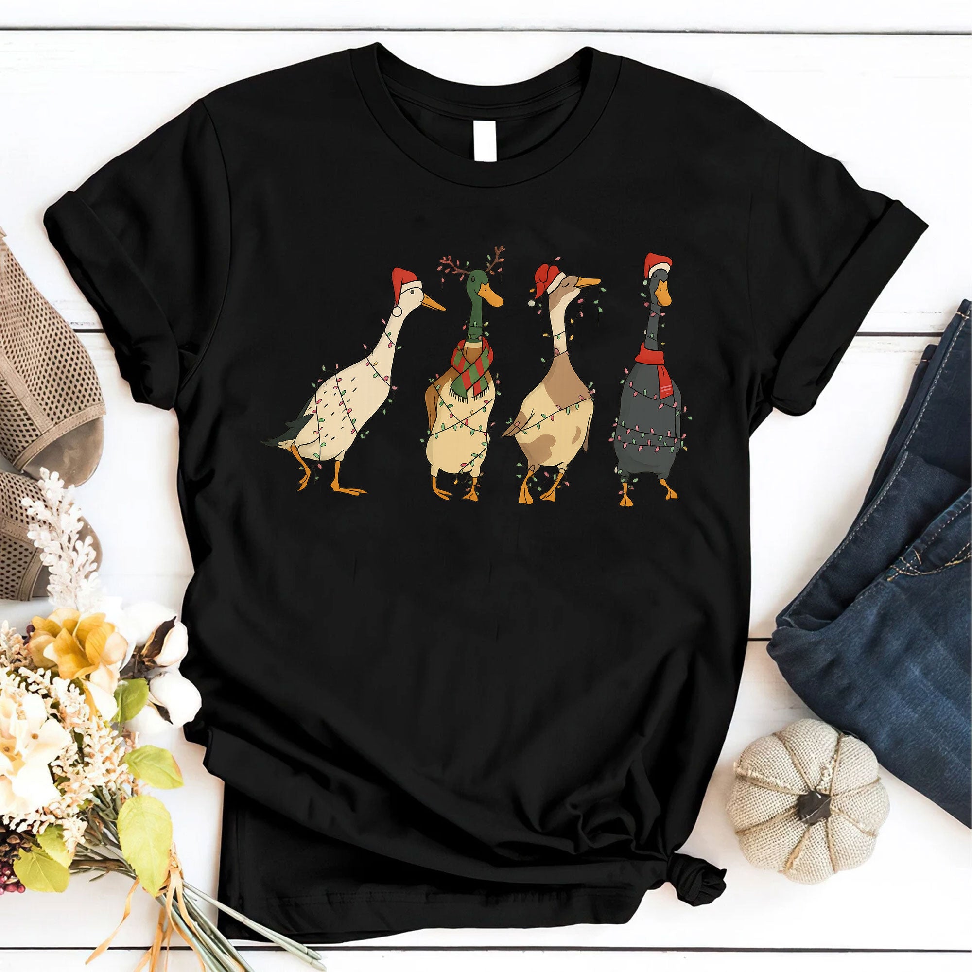 Quirky Christmas Duck T-Shirt for Women - Festive Holiday Design with Santa Hats and Lights - Fun Seasonal Tee for Gifting
 - 6