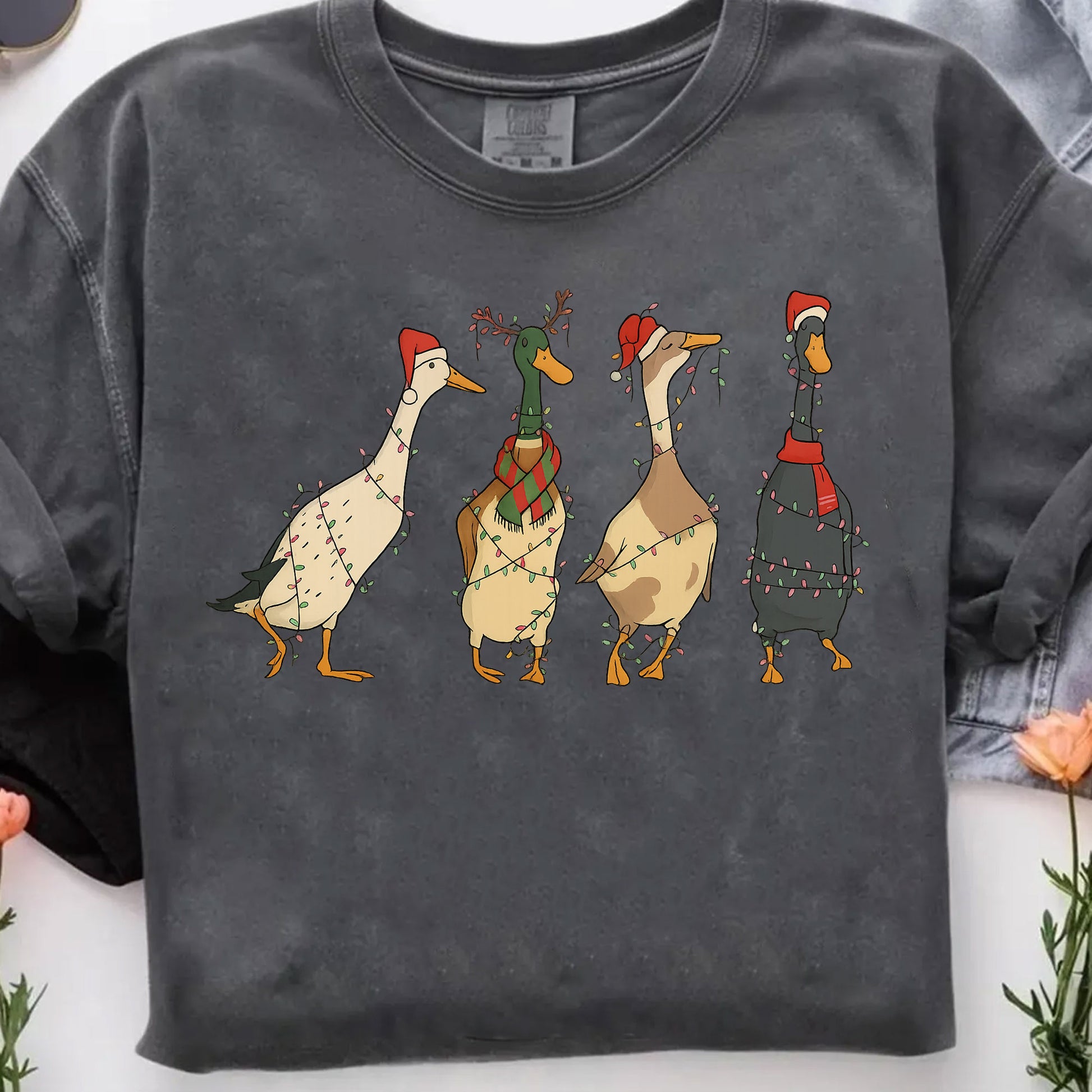 Quirky Christmas Duck T-Shirt for Women - Festive Holiday Design with Santa Hats and Lights - Fun Seasonal Tee for Gifting
 - 7