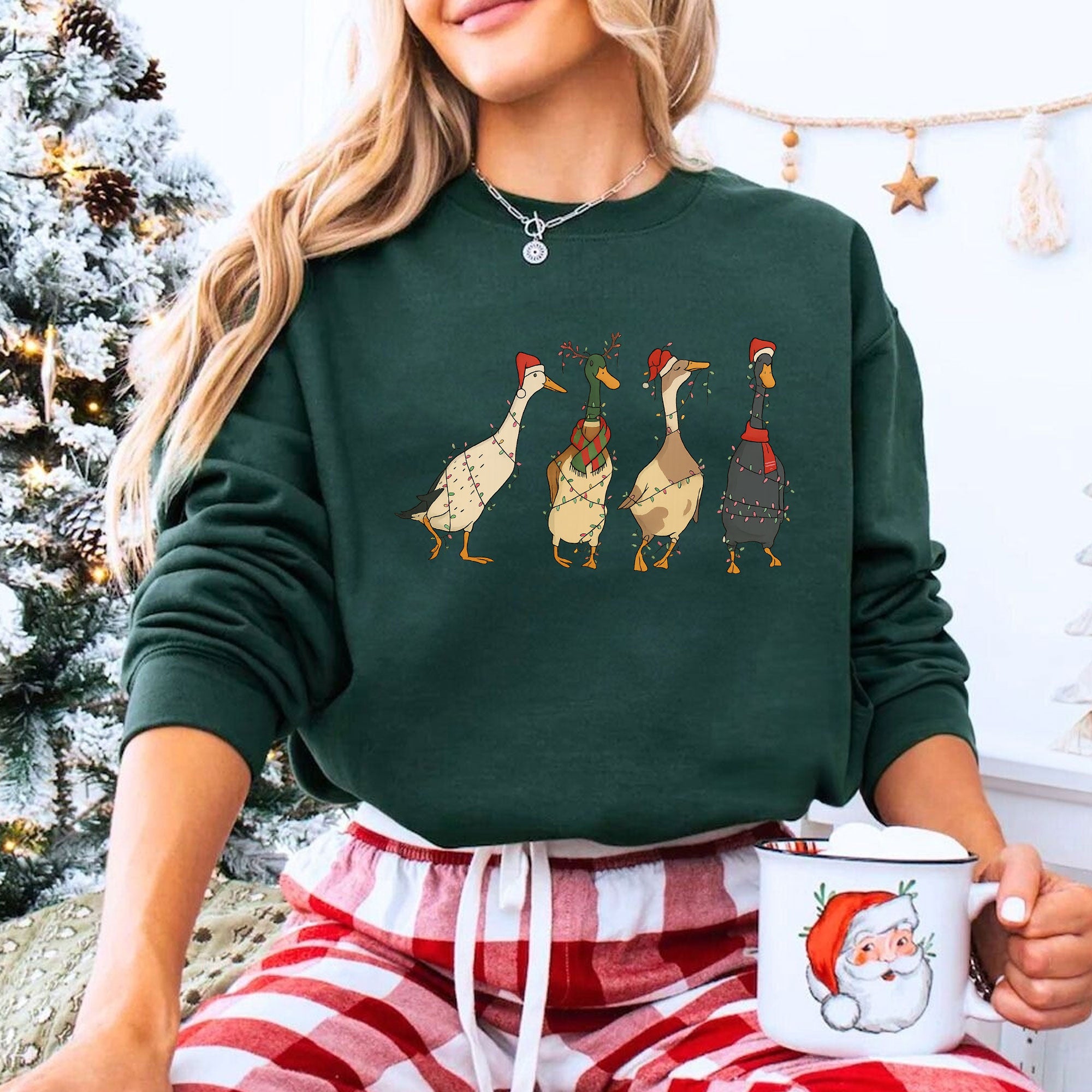Quirky Christmas Duck T-Shirt for Women - Festive Holiday Design with Santa Hats and Lights - Fun Seasonal Tee for Gifting
 - 8