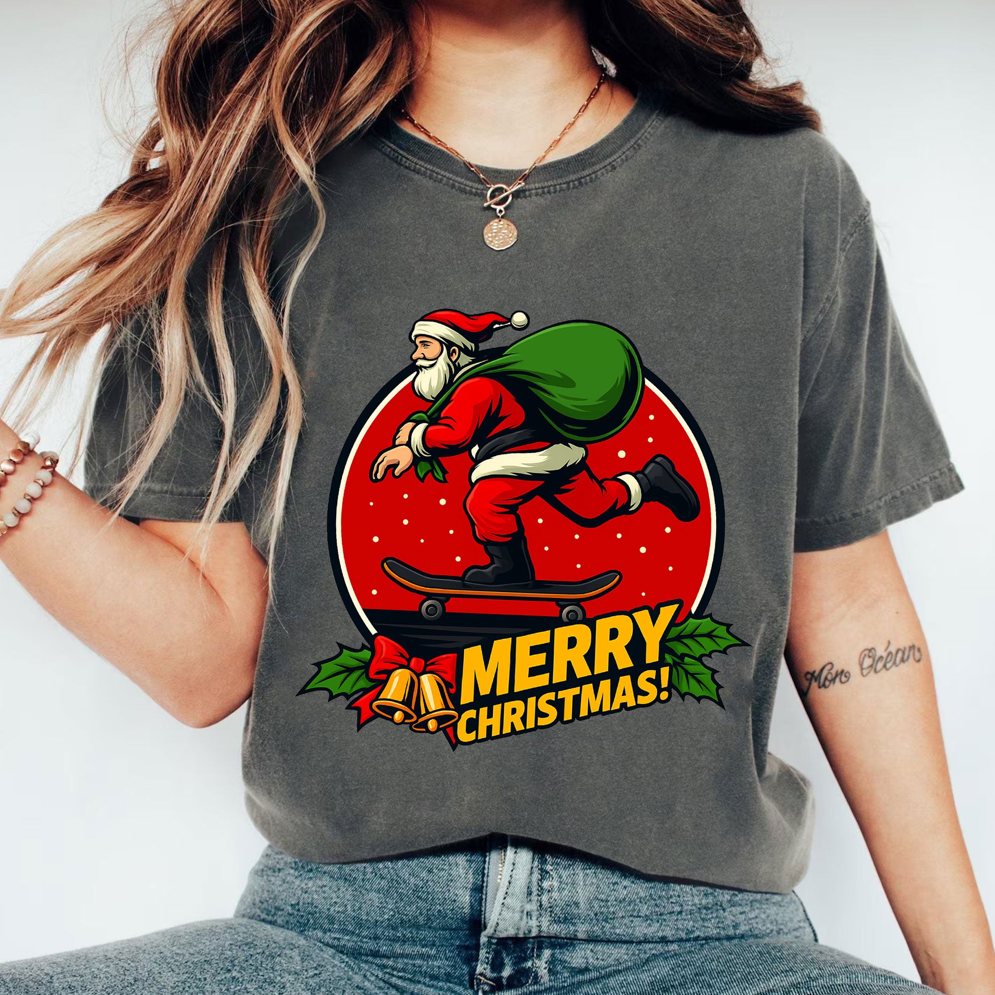 Quirky Santa Skateboarding Christmas T-Shirt - Fun Holiday Graphic Tee for Women - Unique Gift Idea for Festive Celebration
 - 1