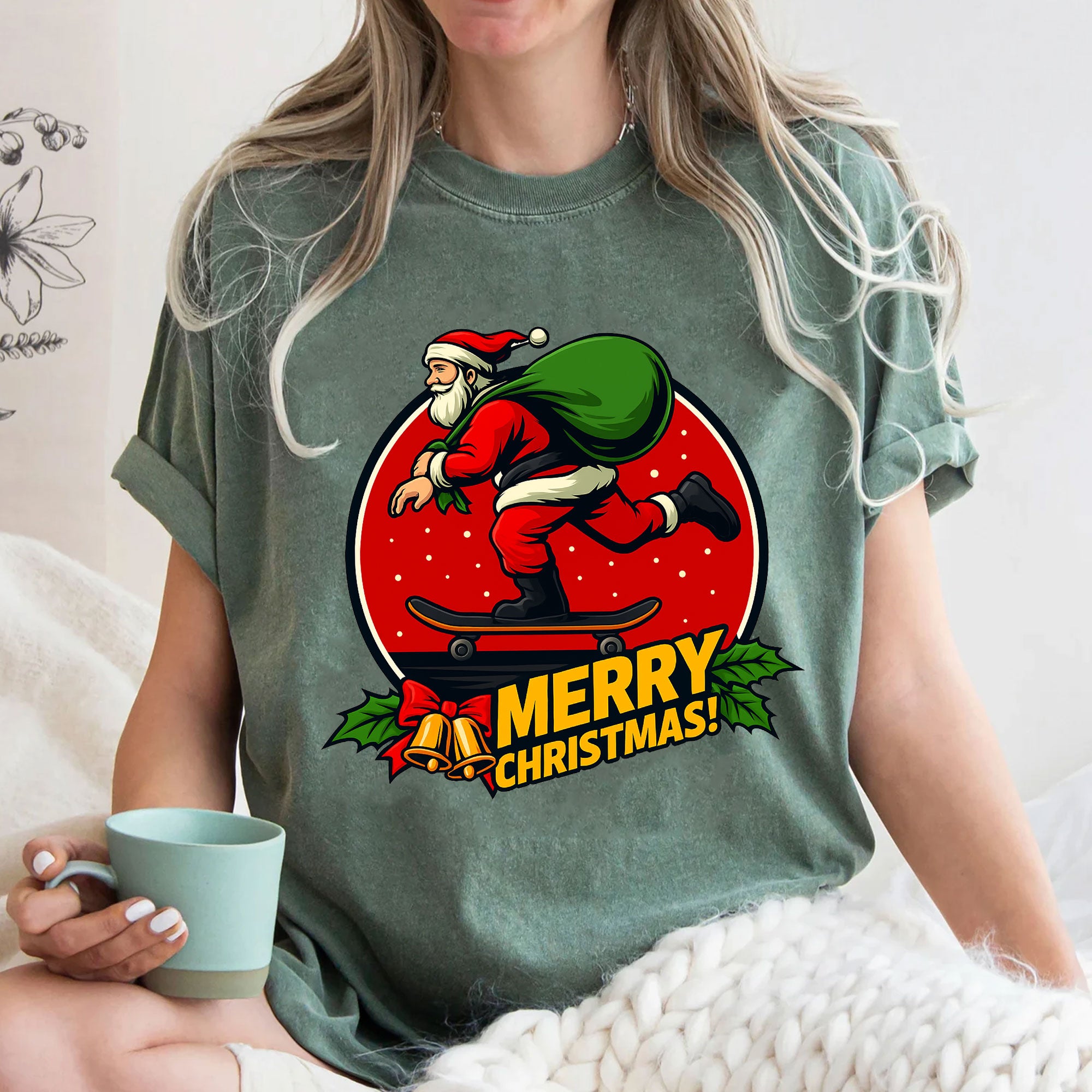 Quirky Santa Skateboarding Christmas T-Shirt - Fun Holiday Graphic Tee for Women - Unique Gift Idea for Festive Celebration
 - 3