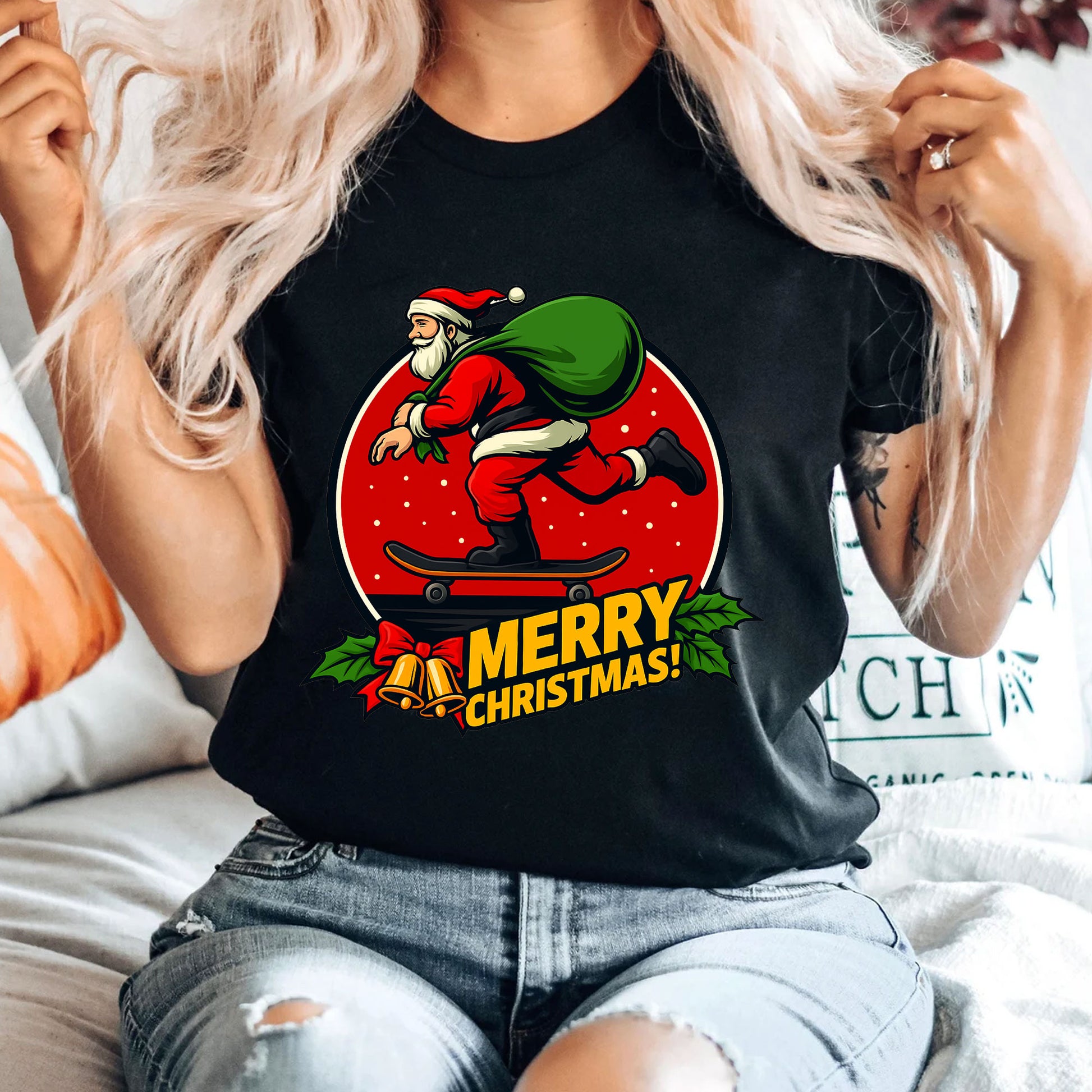 Quirky Santa Skateboarding Christmas T-Shirt - Fun Holiday Graphic Tee for Women - Unique Gift Idea for Festive Celebration
 - 4