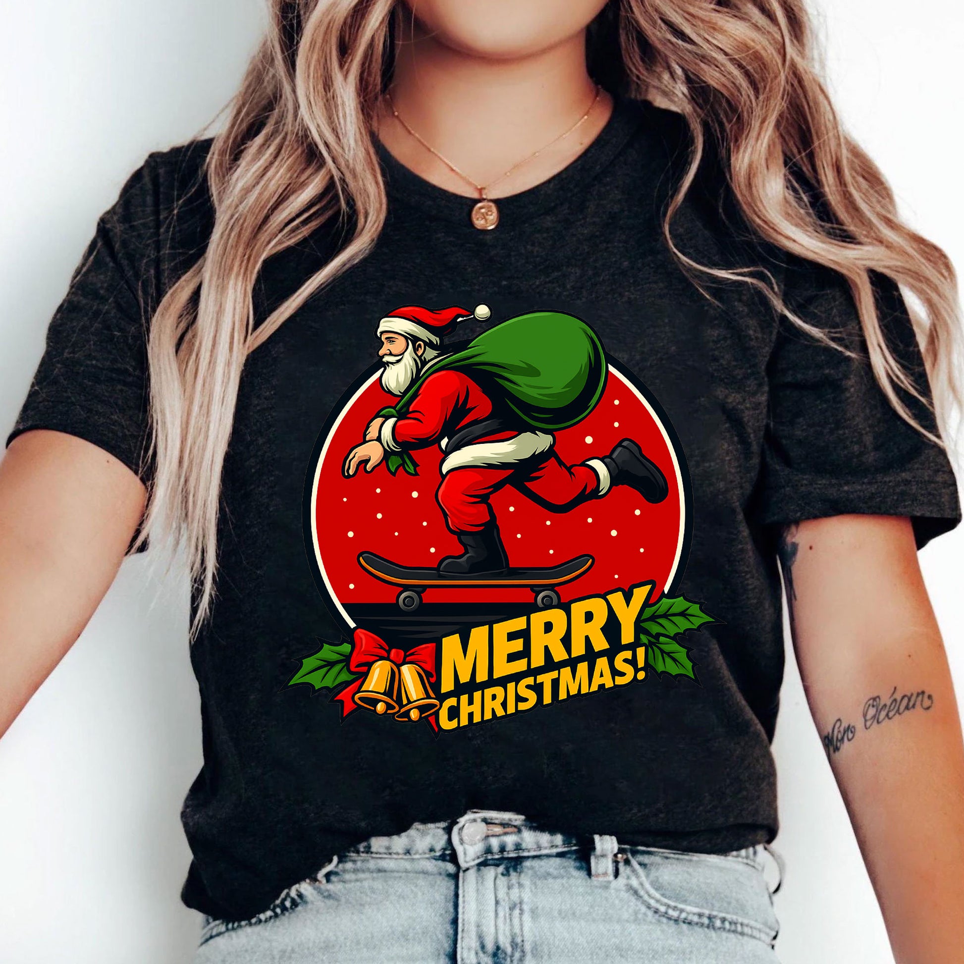 Quirky Santa Skateboarding Christmas T-Shirt - Fun Holiday Graphic Tee for Women - Unique Gift Idea for Festive Celebration
 - 5