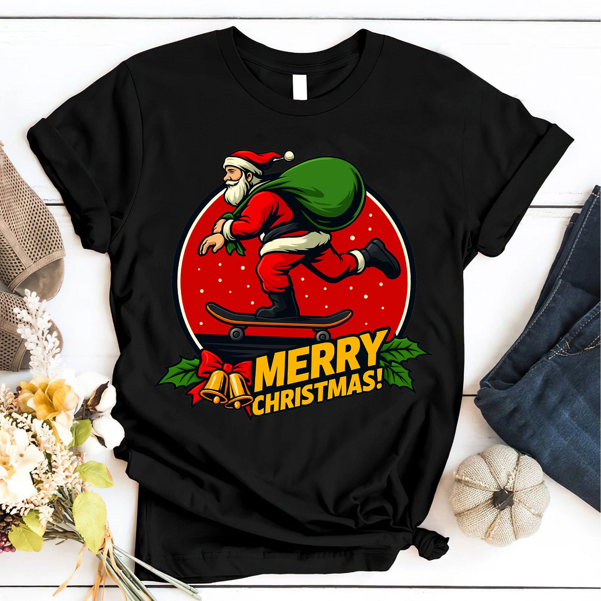 Quirky Santa Skateboarding Christmas T-Shirt - Fun Holiday Graphic Tee for Women - Unique Gift Idea for Festive Celebration
 - 6